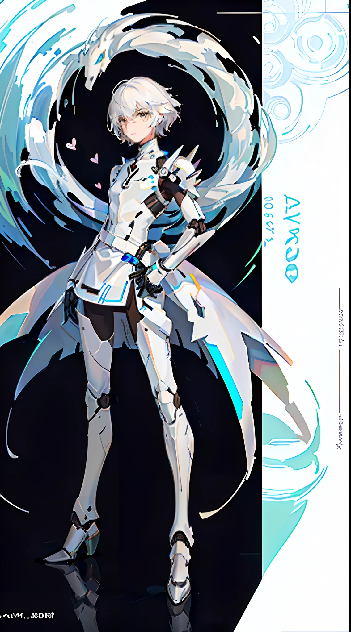 character design,One dressed in white,Hearts, glossy white armor, streamlined white armor, sleek white armor, clothing design, clear outfit design, full body concept, sleek streamlined white armor, detailed white armor, full body adoptable, new costume concept design, sleek bright white armor, modern clean white armor, matt white color armor,1 boy,male,young man,The right leg is a mechanical prosthesis,droid,white colored eyelashes,White eyes,white color hair