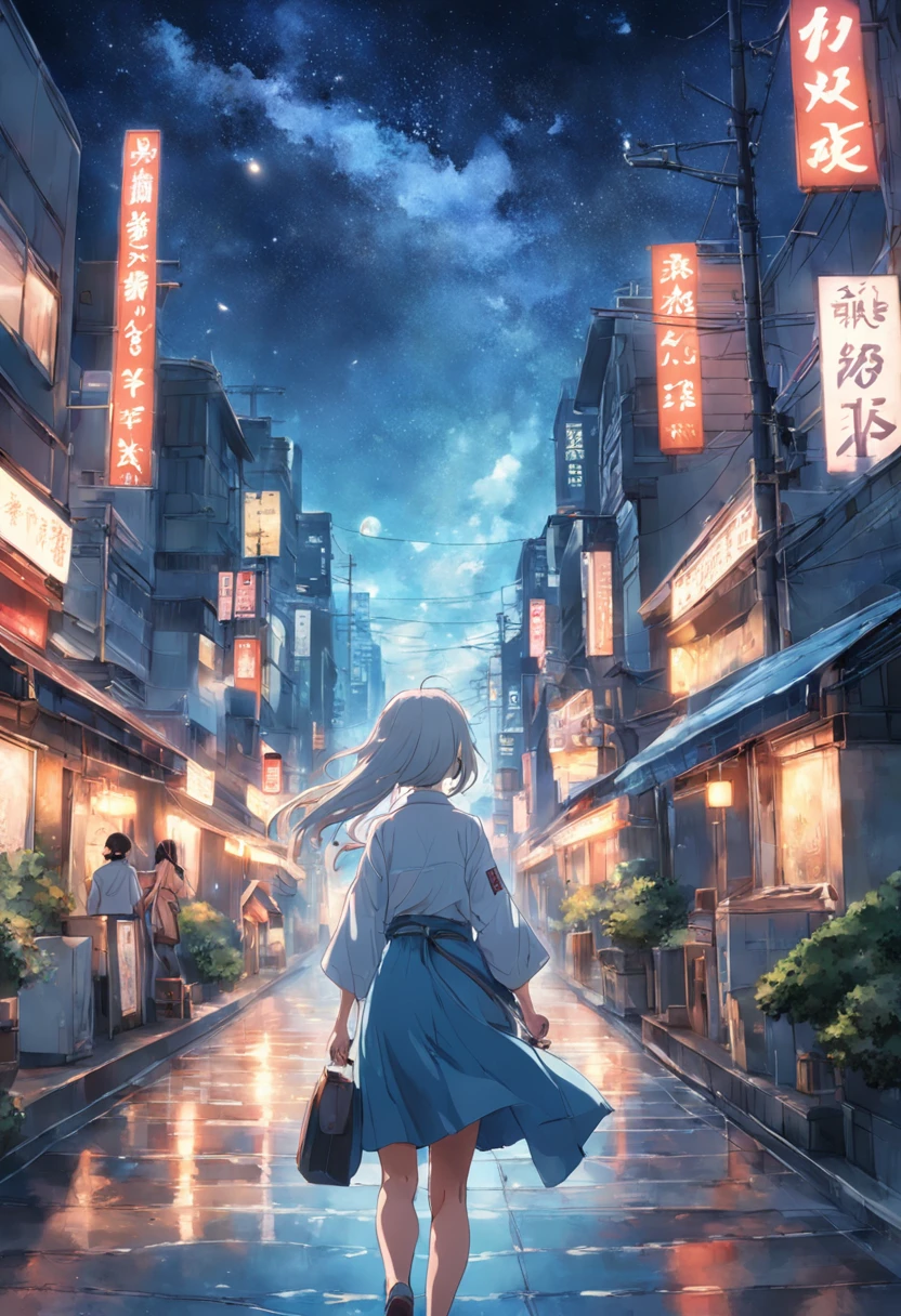 Woman walking towards city city is turning around and smiling、Denim on white t-shirt、Casket、Starry sky、2 days and months、Dreamy scenery、From a distance、Scenery Main、Building Street、near future、the wind、TOKYOcty、adult lady