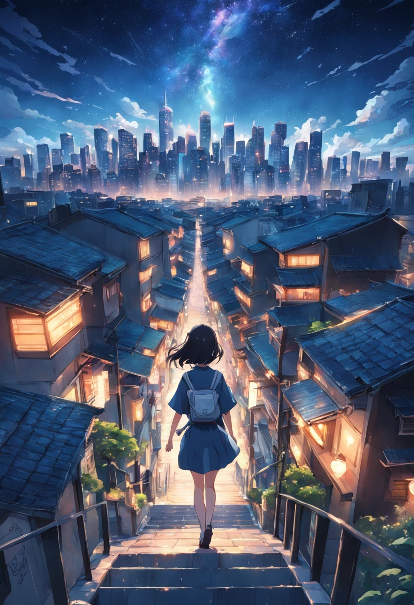 Woman walking towards city city is turning around and smiling、Denim on white t-shirt、Casket、Starry sky、2 days and months、Dreamy scenery、From a distance、Scenery Main、Building Street、near future、the wind、TOKYOcty、adult lady