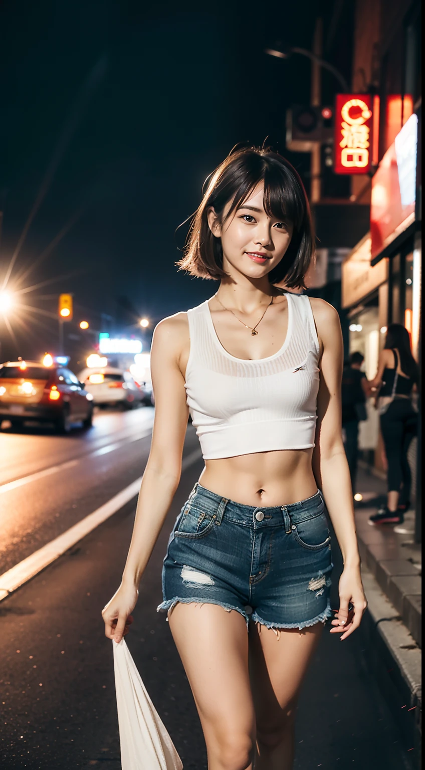 （8K分辨率，Photo above the thigh，Roadside street photos，Sideways photo），（1womanl，20yr old，（（Face with wide bones，s delicate face，详细的脸）），（Coiled hair，Elongated bangs），（Redlip，A smile shows a tiger tooth），Fair smooth skin，（Best Skin Type：1.21），mediuml breasts，（Gray sleeveless T-shirt，（Ultra-short to expose the navel），Tight denim shorts，（（Vest line）），（Attractive thigh texture），bangle，busty figure，（The model does not look at the camera，Look ahead，Open legs，Walking on the road），perfect hand，Ultra-fine clothing material），（City night background，Deep view，Exquisite environmental details），（Professional lighting，动态照明），（（The color is uniform，（white colors，brown pubic fur，black in color，red colour））），（Golden section，Cinema lenses，Lens stretch effect（Thin），Hasselblad photograp，tmasterpiece：1.3），（The object of fantasy，fashion art，trendsetting，Artis，Art platform）