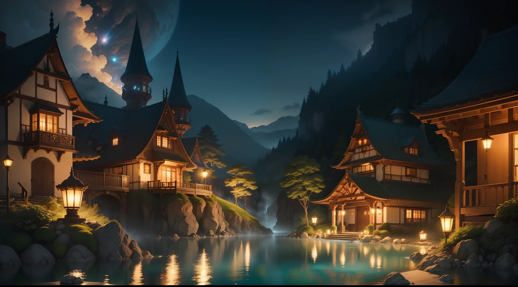"Create an AI-generated illustration inspired by the enchanting style of Studio Ghibli. Picture a fairy island adorned with an exquisite, ancient fairy castle as its centerpiece. The focal point of the image should be a nature hot spring that defies gravity, elegantly hovering in midair. Embrace the Ghibli aesthetic as you portray this scene under the night sky, illuminated by soft and captivating lights. The challenge is to capture the magic and tranquility of the flying hot spring amidst the beauty of the fairy island and its castle, all while evoking the distinct charm of Ghibli's artistry."