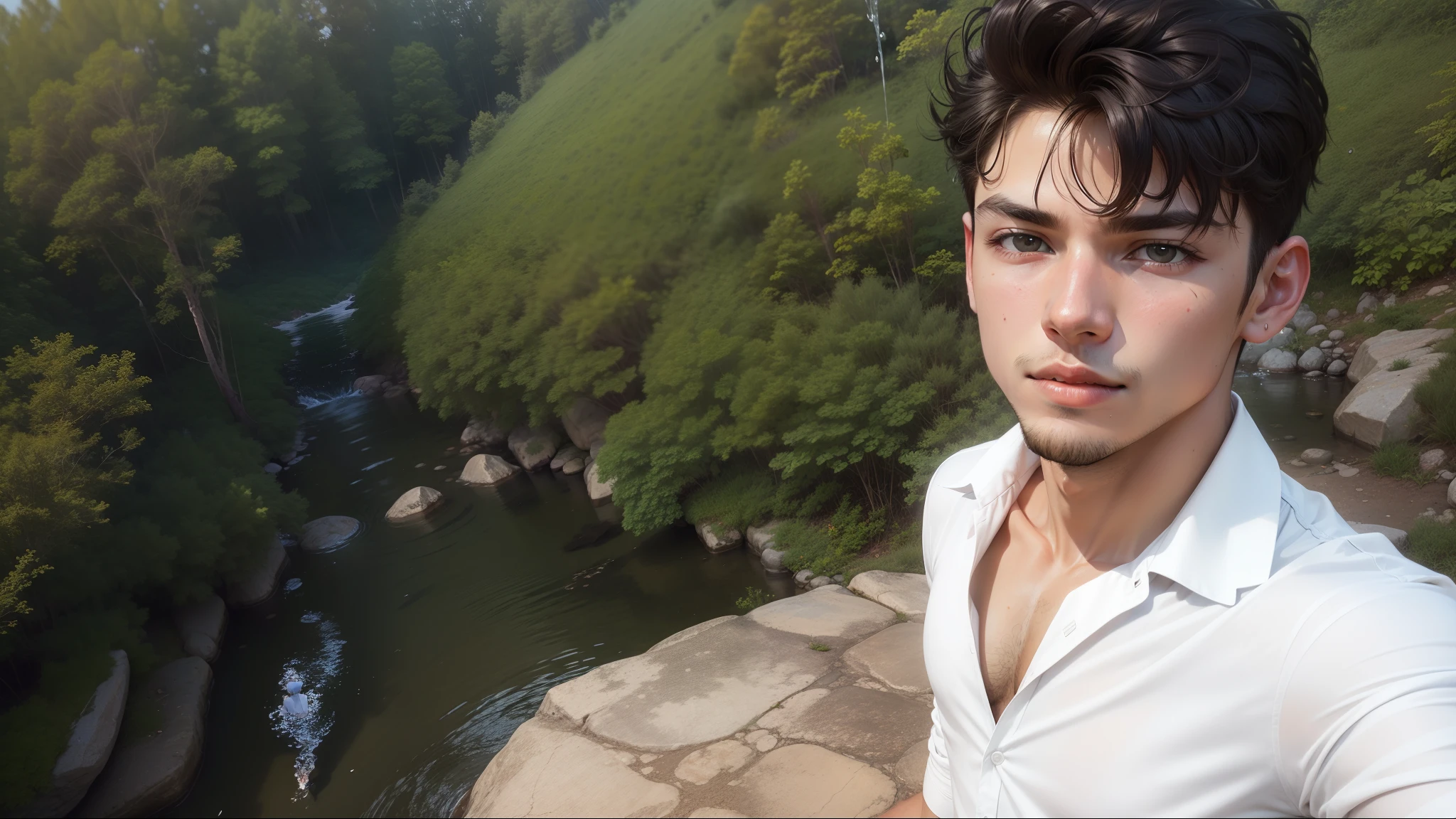 A young man in a white shirt taking a selfie showing the depth of water,
