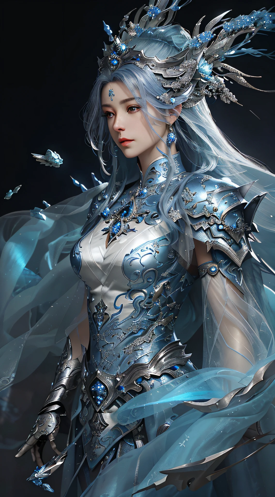 a close up of a woman in a silver and blue dress, chengwei pan on artstation, by Yang J, detailed fantasy art, stunning character art, fanart best artstation, epic exquisite character art, beautiful armor, extremely detailed artgerm, detailed digital anime art, artgerm on artstation pixiv, armor girl