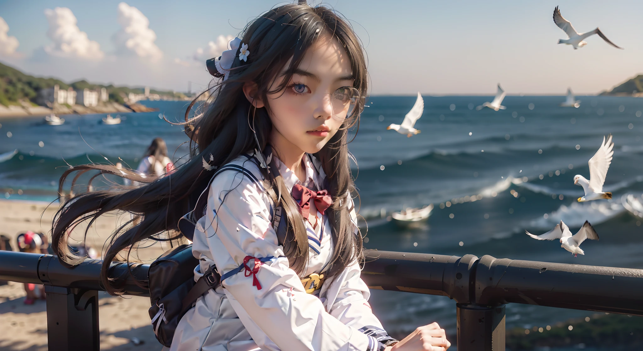 In a Japanese anime style，A schoolgirl sits on an embankment by the sea，Wear a student uniform，Long hair flutters in the wind，There are boats and seagulls in the distance，Blue sea