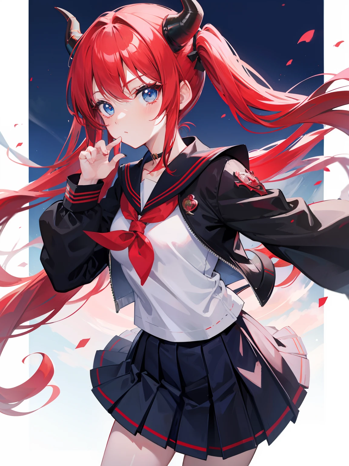 red hair, blue eyes, twintails, Sailor suit,black coat, Dragon horns,Pleated skirt,solo,loli,cute,bow