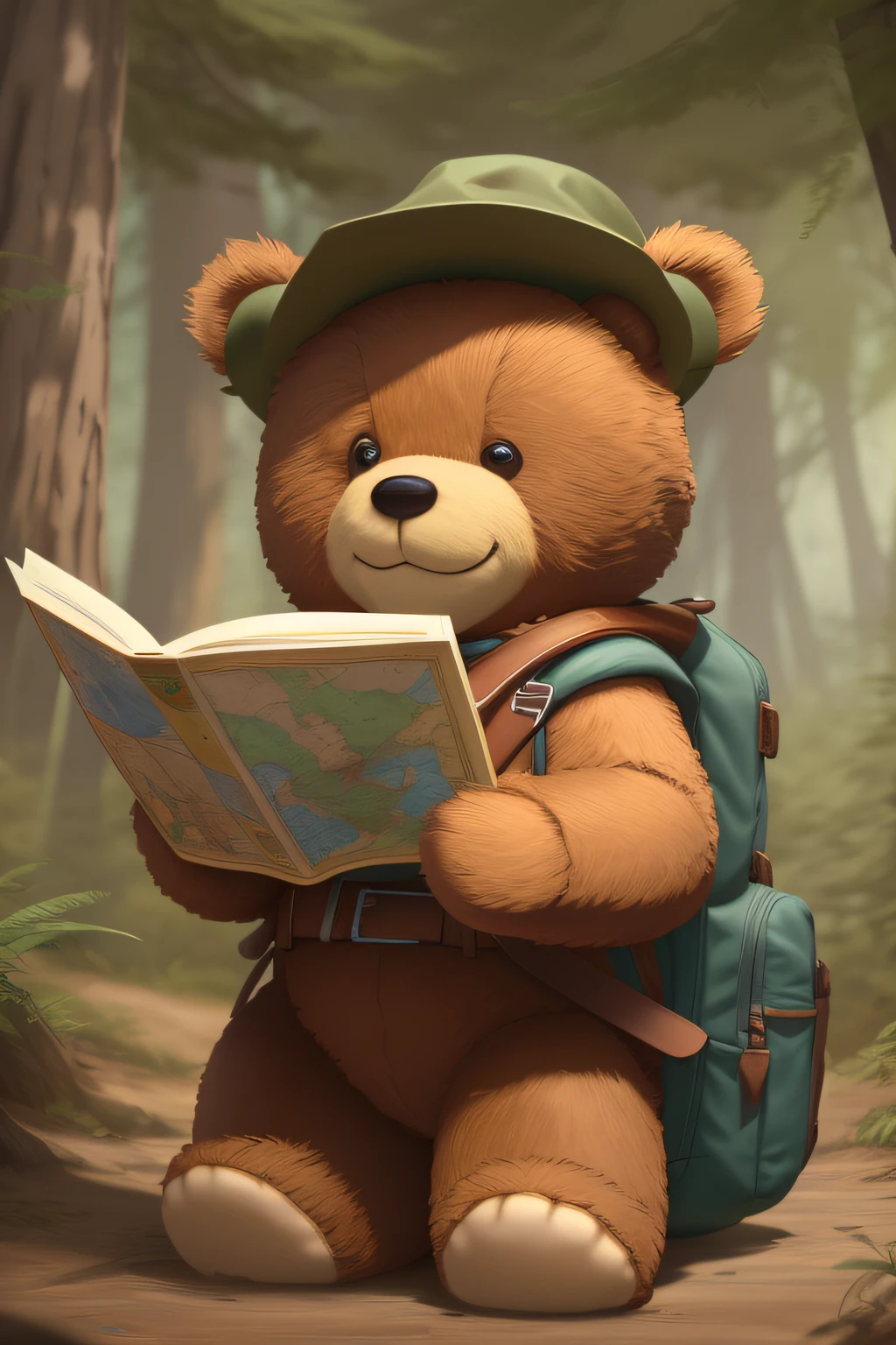 There is a brown teddy bear wearing a hat and backpack, Wojtek FUS, Trend at Artstation headquarters, trending on ArtStation:3, painting digital adorable, wlop e ross tran, trending on ArtStation, Ross Tran 8 K, Trending in ArtStation 4K, trending in artstation, trending on artstation hd, aventura render hiper realista. Illustration of the adventurer Winnie the Bear studying the map carefully.