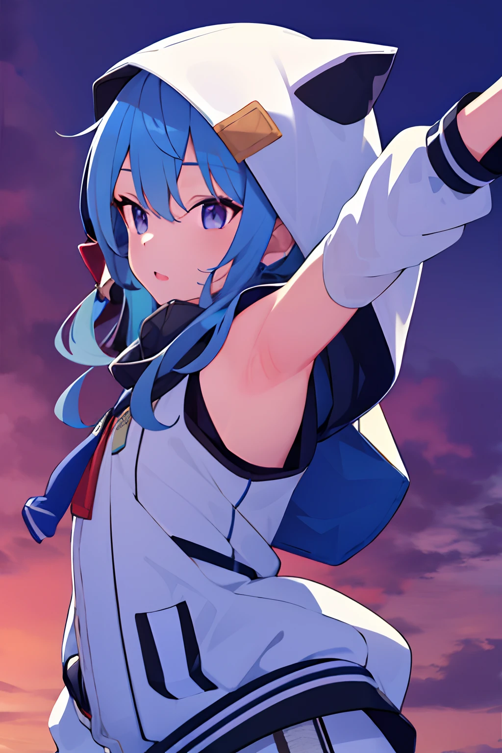 sui3, 1girl, hood up, hoshimachi suisei, presenting armpit