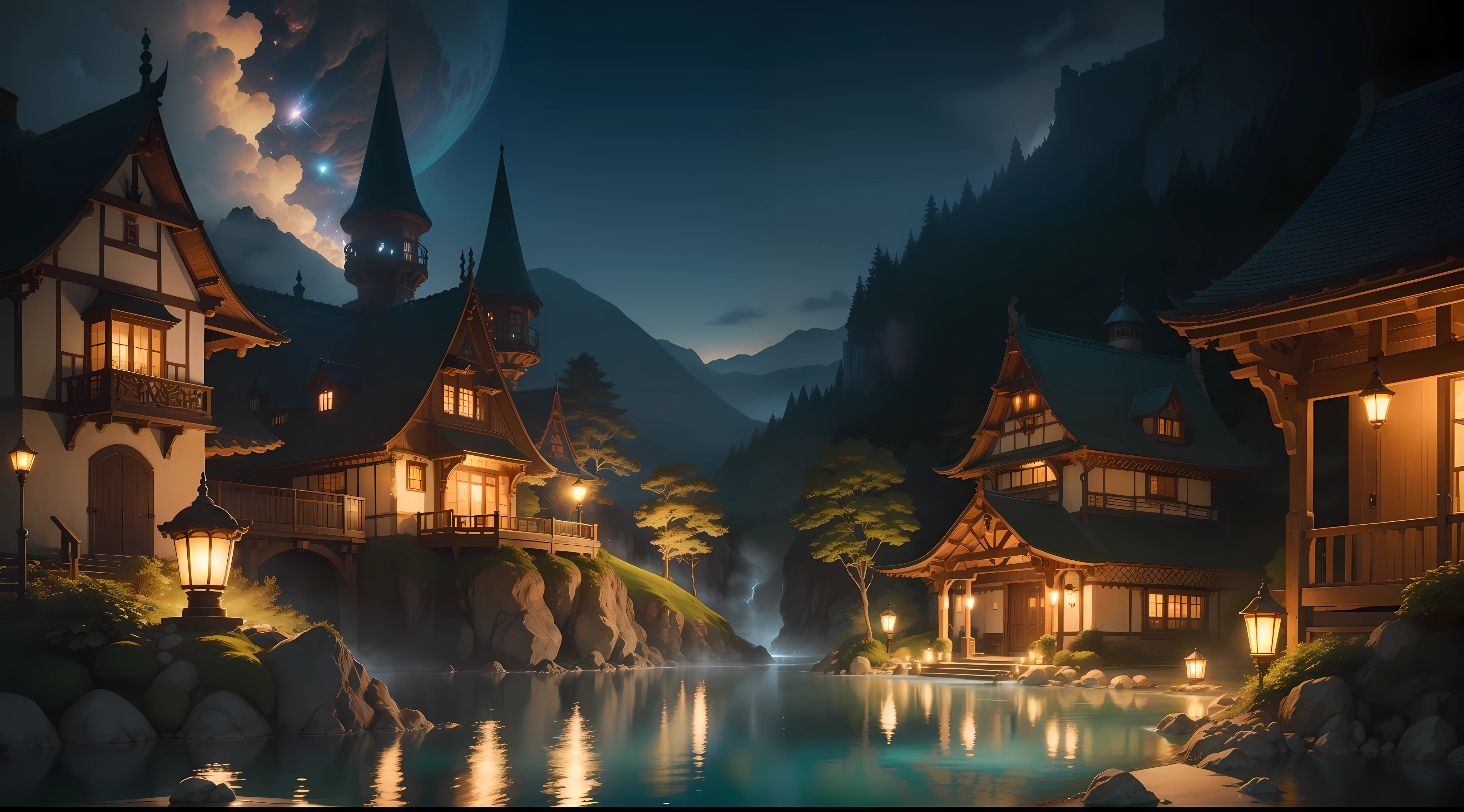 "Create an AI-generated illustration inspired by the enchanting style of Studio Ghibli. Picture a fairy island adorned with an exquisite, ancient fairy castle as its centerpiece. The focal point of the image should be a nature hot spring that defies gravity, elegantly hovering in midair. Embrace the Ghibli aesthetic as you portray this scene under the night sky, illuminated by soft and captivating lights. The challenge is to capture the magic and tranquility of the flying hot spring amidst the beauty of the fairy island and its castle, all while evoking the distinct charm of Ghibli's artistry."