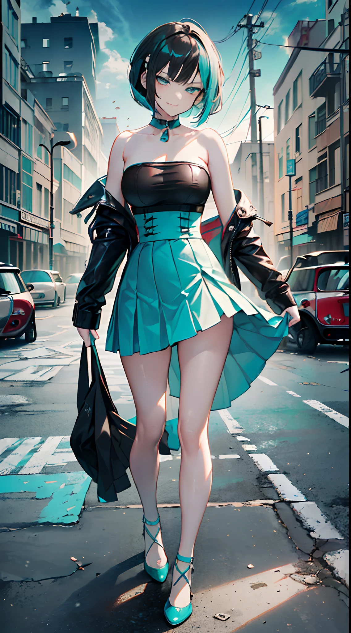 ((((dramatic))), (((gritty))), (((intense))) film poster ((Best Quality)) ((Masterpiece)) 1girl, 19 year old, black hair, pixie bob haircut, flirty smirk ((( light turquoise strapless dress ))) (((mini skirt))) ((( lifting skirt ))) ((white thong)) ((slender)) (busty) ((sexy dress)) 6 and a half heads full body
