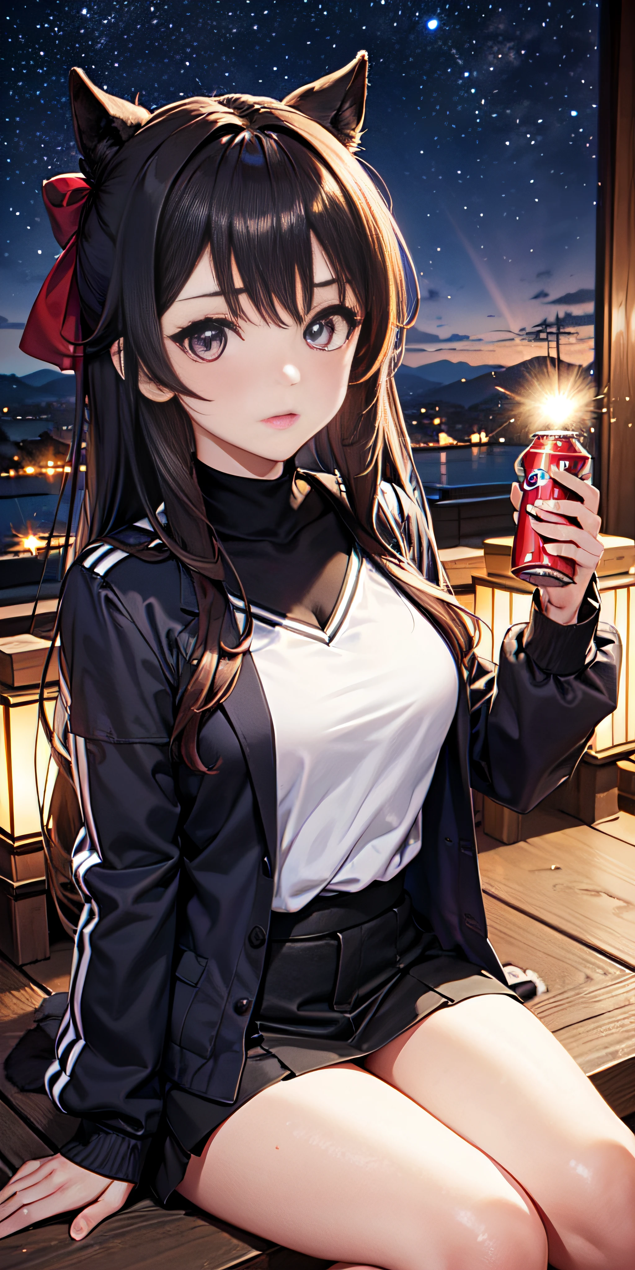 18yr old, only 1 girl, Chica anime: (Ropa japonesa, face symmetrical, Cola de caballo ,cana, purple eyes, Personalidad: seductora profesional), Magical Circle, fuego azul, llamas azules, papel tapiz, paisaje, sangre, salpicaduras de sangre, profundidad de campo, noche, light particles, rayos de luz, sidelit, muslos, destino \(serie\), Impacto de Genshin, chaqueta abierta, falda, muslos altos, nube, Image captured with the Canon EOS 50mm professional camera