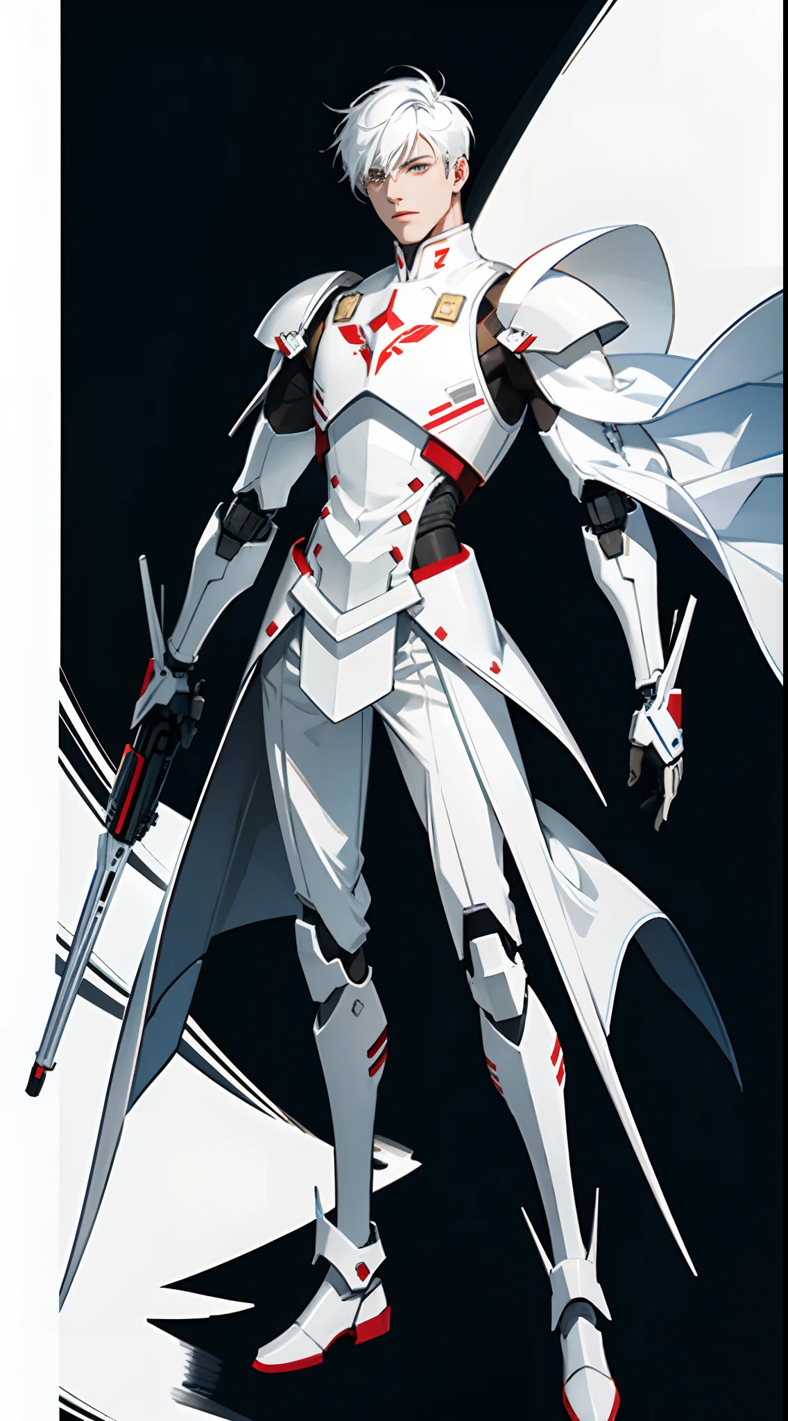character design,One dressed in white,red peach, glossy white armor, streamlined white armor, sleek white armor, clothing design, clear outfit design, full body concept, sleek streamlined white armor, detailed white armor, full body adoptable, new costume concept design, sleek bright white armor, modern clean white armor, matt white color armor,1 boy,Male,Young man,The right leg is a mechanical prosthesis,droid,white colored eyelashes,White eyes,White color hair