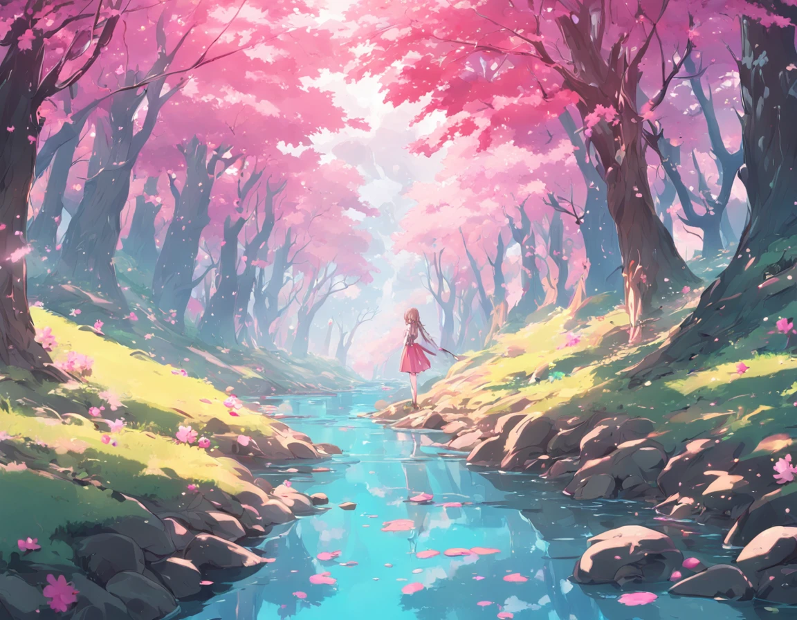 floresta com arvores cerejeiras rosa, with bright blue stream reflecting the 4k sky, no estilo de anime, game background , loop , best image