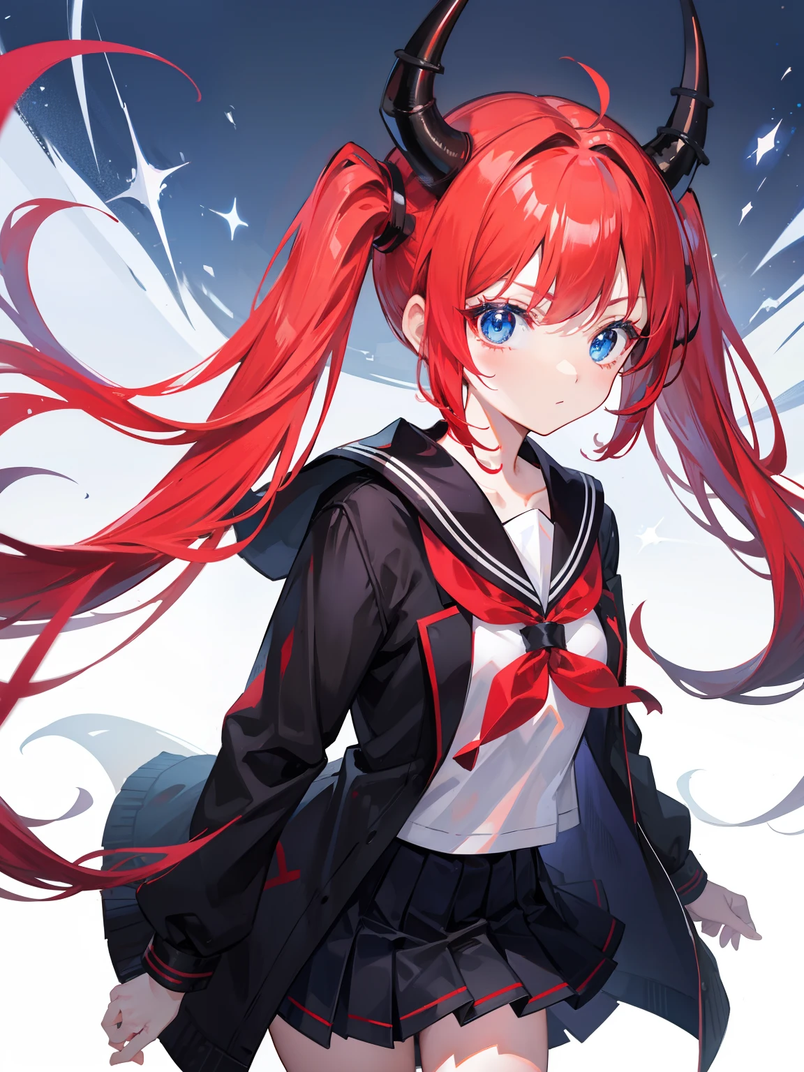 red hair, blue eyes, twintails, Sailor suit,black coat, Dragon horns,Pleated skirt,solo,loli,cute,bow