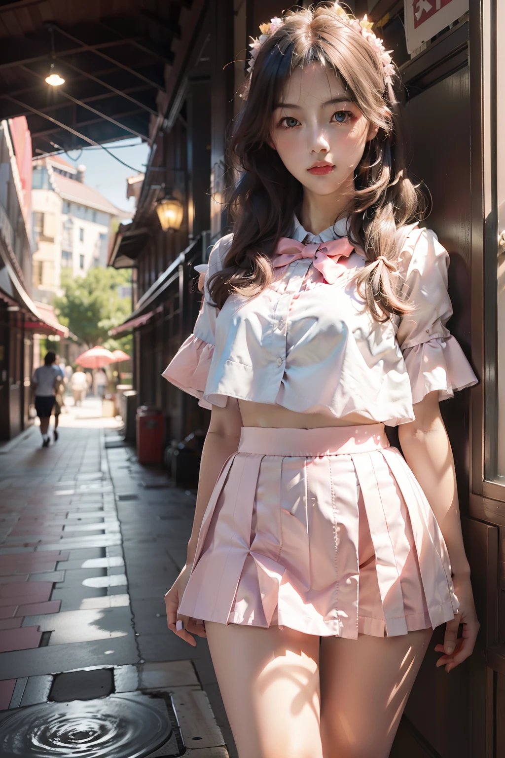Apricot hair color，Light pink eyes，Apricot pink school top，Pale pink hip skirt，A sweet girl