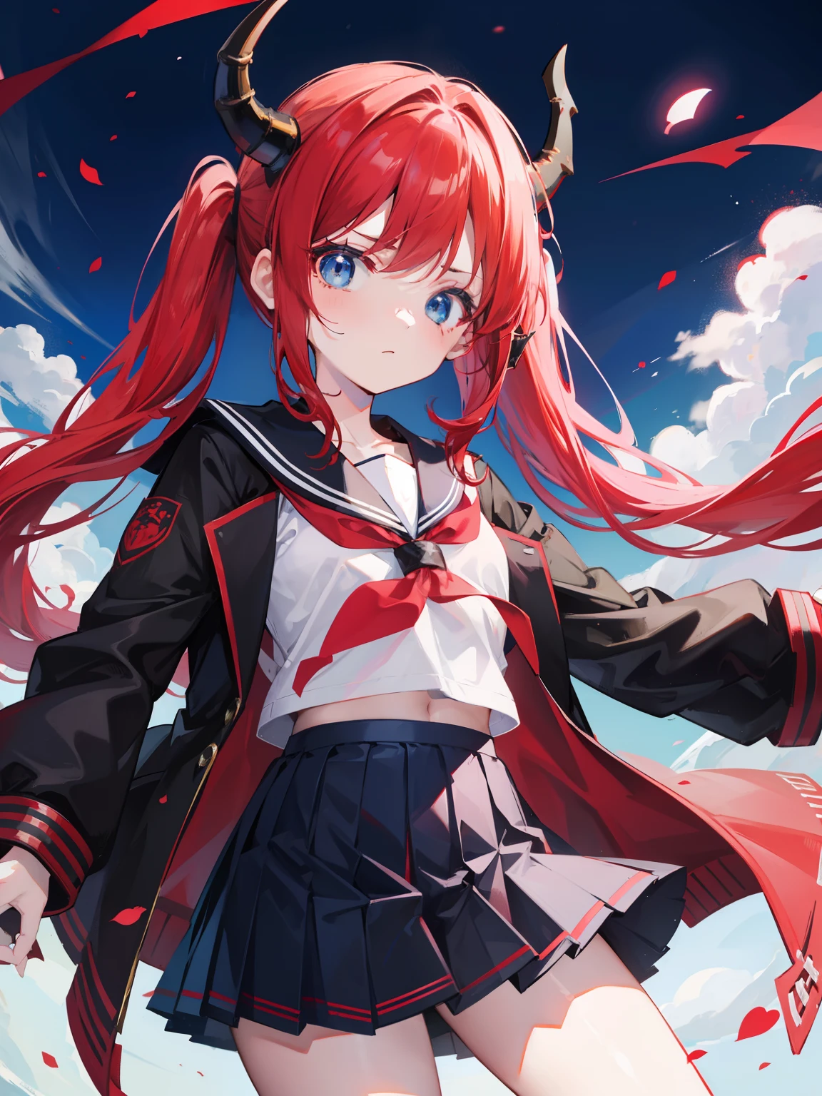 red hair, blue eyes, twintails, Sailor suit,black coat, Dragon horns,Pleated skirt,solo,li,cute,bow