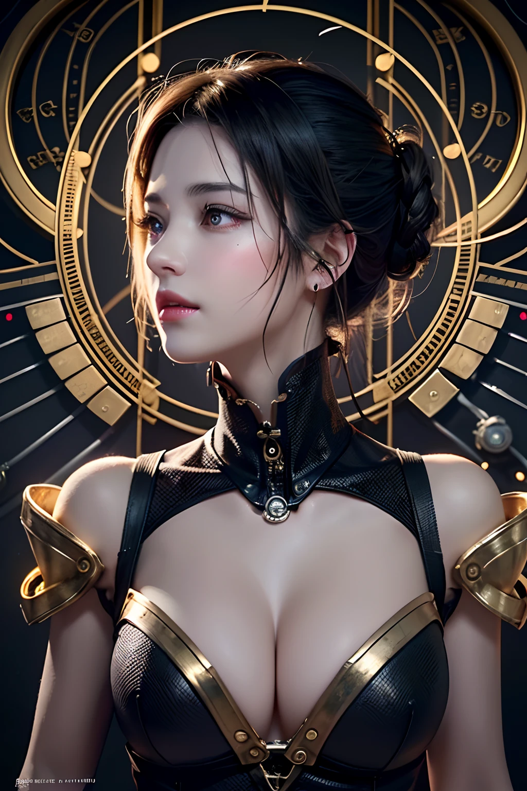 (posterior view)、top-quality、tmasterpiece、超A high resolution、(Photorealsitic:1.4)、RAW photo、1 rapariga、Black hair、glowy skin、1 Mechanical Angel、Large metal wing、Shining Circle of Angels、((Super realistic details))、porate、globalillumination、black shadows、octan render、8K、ultrasharp、Colossal tits、Raw skin is exposed in cleavage、metals、Details of complex ornaments、Steampunk details、vacuum tubes、Nixie Kan、oil pressure gauges、Glass Kan、analog meters、gear wheel、Gear、Hydraulic cylinder、highly intricate detail、Realistic light、a purple eye、Radiant eyes、Facing the camera、neon light detail、Mechanical limbs、blood vessels attached to the tube、Mechanical vertebrae attached to the back、mechanical cervical attaching to neck、Sit on the、wires and cables connecting to head、small led lights、Sumerian details、