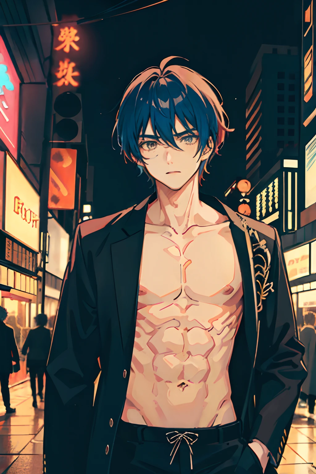  boy, handsome, fashion, shirtless, multi-colored hair, anime art, anime, on a busy street, night, city lit up with colorful lights, in the crowd, in high detail, focused and serious face