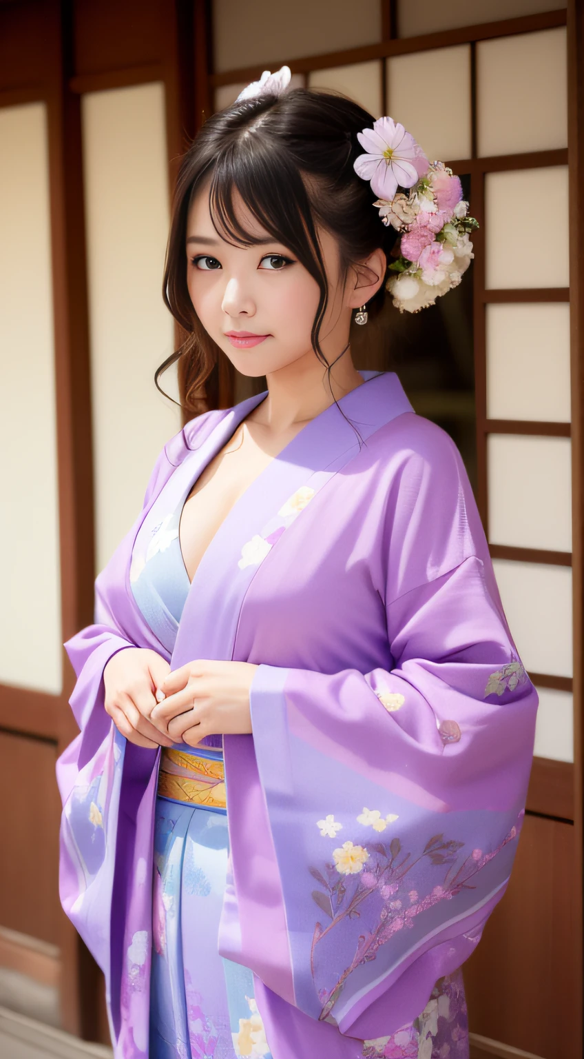 Close-up of a woman in a purple and white dress, japanese goddess, gorgeous chinese model, japanese model, in kimono, beautiful asian girl, juri misaki, Real young gravure idol, beautiful korean woman, tits, seductive anime girl, Young sensual gravure idol, in kimono, japanese woman, Young and cute gravure idol