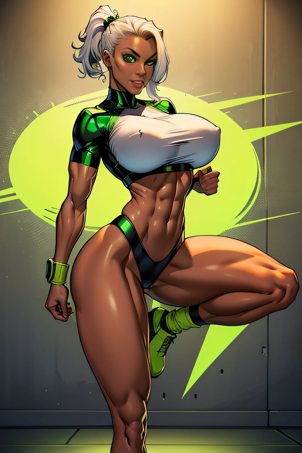 1. Alafe Street Fighter、Metallic Lime Green and Metallic Black Martial Arts Uniform、Big breasts about to burst、Shirt with metallic white breast pockets、breasts pocket、neck tie、thin and long legs,、Pose ready to fight、Fitness Model、musculature、abdominals、Height 175cm、skin tanned、glistning skin、Cool smile、full-body view、