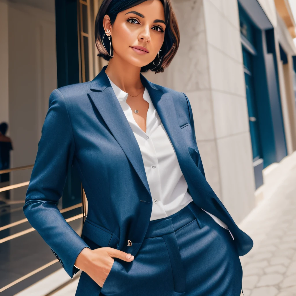 **Gerar a imagem de uma mulher branca de 33 anos. com blazer azul escuro. black trousers. moderno e fashion. Woman has medium dark brown hair. roupas modernas. Your skin is extremely real and you can see the pores, well defined hands. feminino 164 cm, gordura, foto com qualidade 8k, Fotos tiradas por Hasselblad + incrivelmente detalhadas, agudeza, detalhes + profesional lighting, Photography Lighting + 50 millimeters, 80mm, 100m + Galeria do Lightroom + Behance Fotos + Unsplash 3**