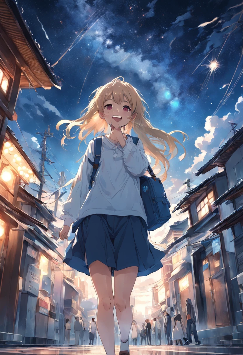 Woman smiling at me in the background of the city city、Denim on white t-shirt、Casket、Starry sky、2 days and months、Dreamy scenery、From a distance、Scenery Main、Building Street、near future、the wind、TOKYOcty、I don't have any luggage.、