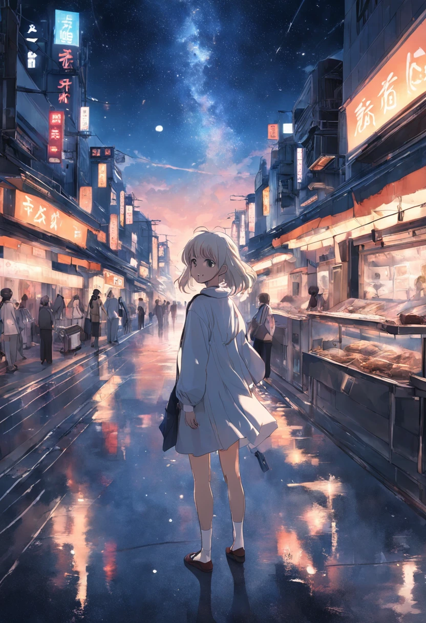 Woman smiling at me in the background of the city city、Denim on white t-shirt、Casket、Starry sky、2 days and months、Dreamy scenery、From a distance、Scenery Main、Building Street、near future、the wind、TOKYOcty、I don't have any luggage.、