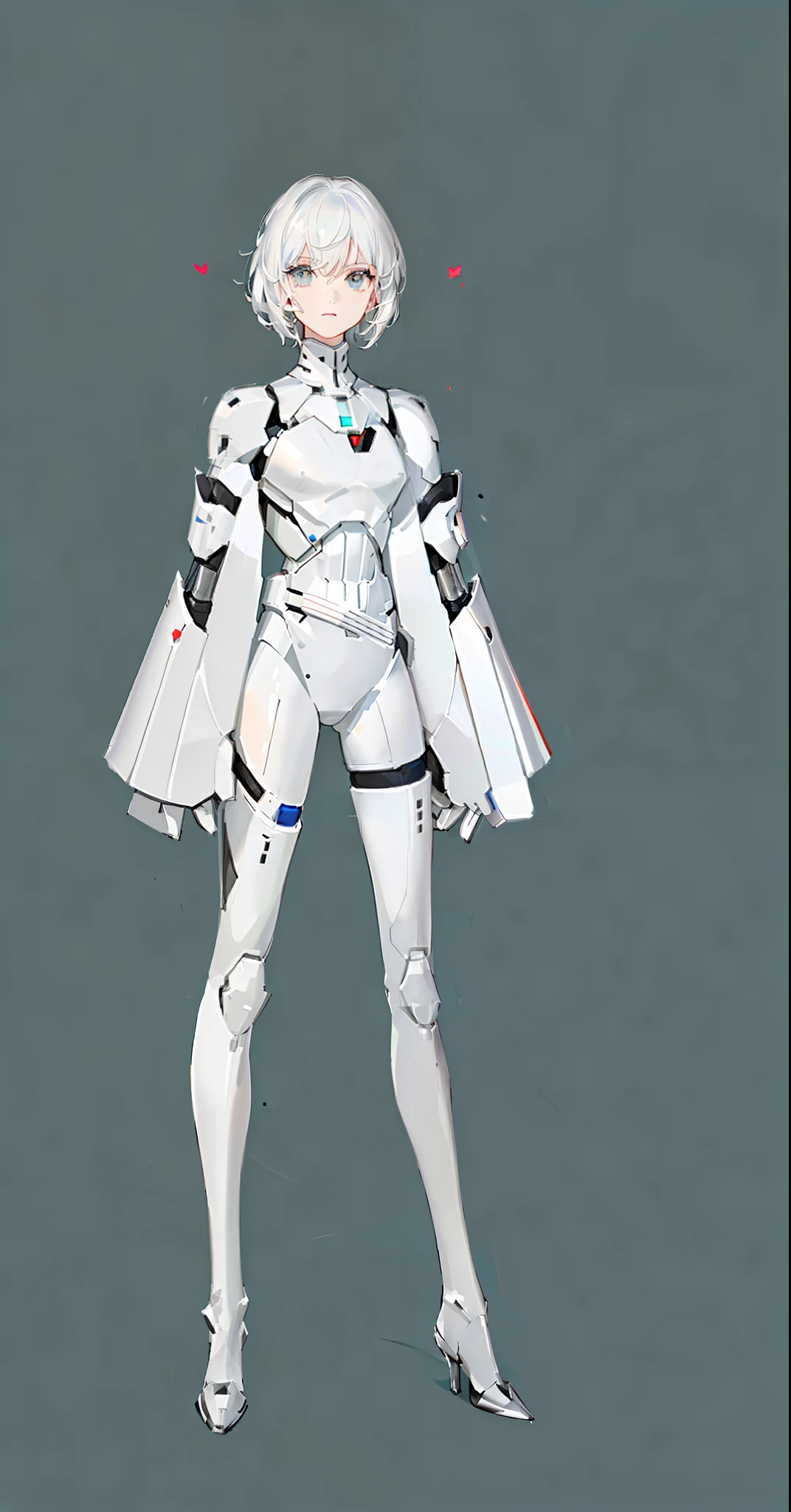 character design,One dressed in white,Hearts, glossy white armor, streamlined white armor, sleek white armor, clothing design, clear outfit design, full body concept, sleek streamlined white armor, detailed white armor, full body adoptable, new costume concept design, sleek bright white armor, modern clean white armor, matt white color armor,1 boy,male,young man,The right leg is a mechanical prosthesis,droid,white colored eyelashes,White eyes,white color hair