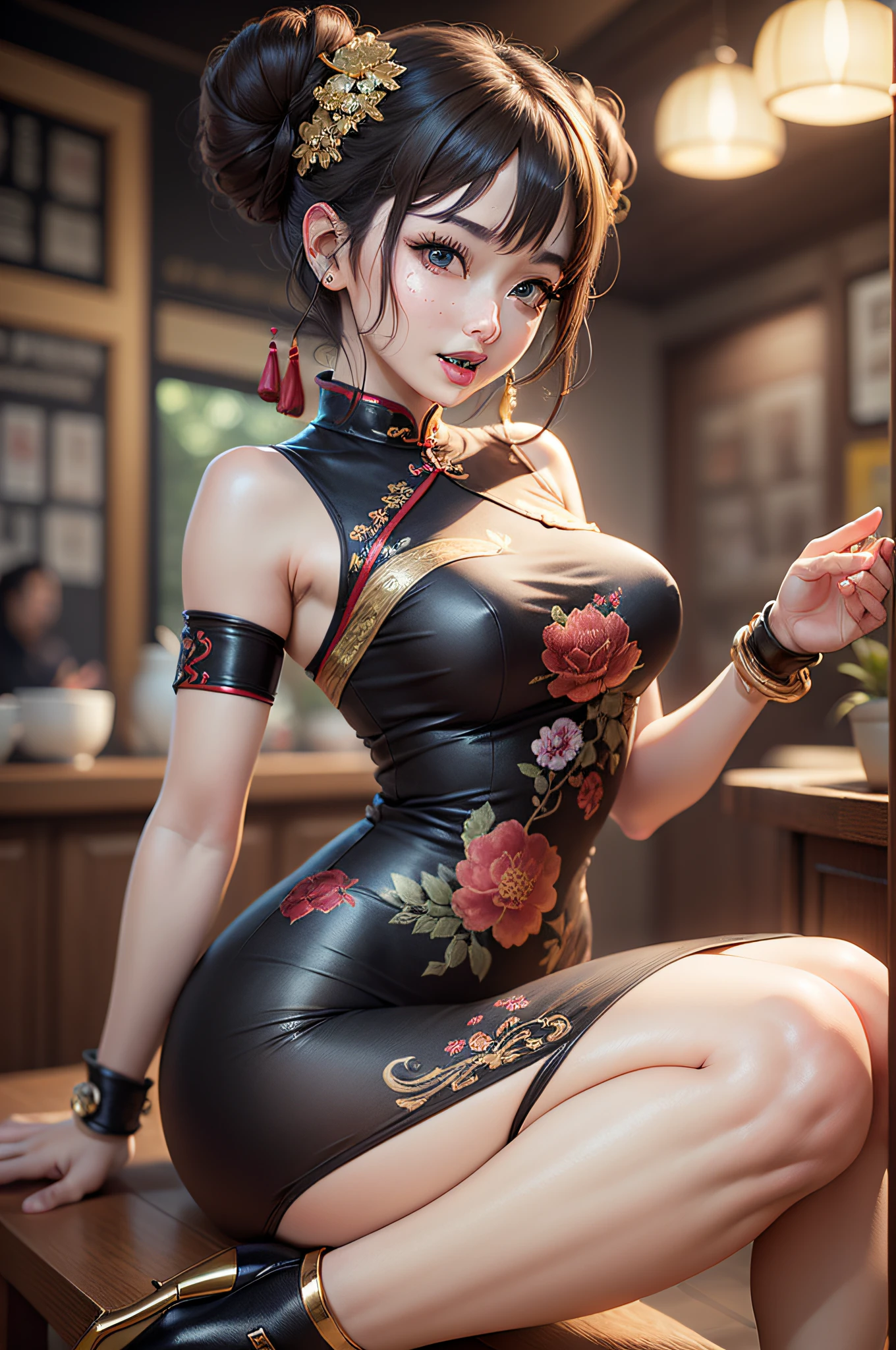 At a bustling noodle stall in the heart of the city, a woman sits poised with effortless elegance. She wears a tight, sleeveless cheongsam adorned with an intricate pattern of blooming cherry blossoms and winding dragons. The cheongsam features a daring side high cut that boldly reveals the graceful curve of her side torso and a hint of her thigh. Her black hair, accented with striking streaks of white, cascades over her shoulders, framing her face with a captivating contrast. She looks directly at the camera with an inviting gaze, her eyes holding a blend of mystery and allure that draws you in. The lively background of the noodle stall contrasts sharply with her composed presence, making her stand out like a timeless icon amidst the everyday hustle and bustle, hips, gigantic breast,