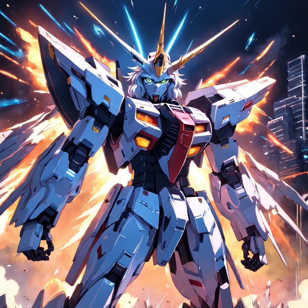 He draws a young psychologist, sitting on a research platform in the middle of a gundam battlefield. He is studying with a notebook, surrounded by several projectiles shining with fiery auras. Dramatic illumination from spaceships and distant planets illuminates the scene, casting deep shadows over the suit. The young man looks confident and determined, looking at the vast and mysterious sky with awe and respect, facial hair, cowboy shot,