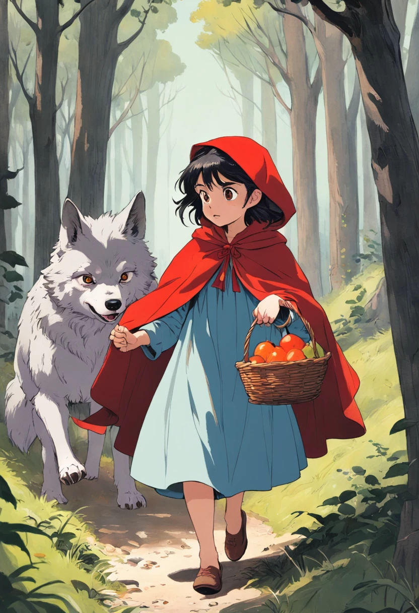 A girl in a red cape, Caperucita roja, un lobo feroz, Caperucita Roja, en un bosque, The girl carries a basket with fruits, Classic children's illustration, Caperucita Roja, Gran lobo feroz, Caperucita Roja, The wolf threatens the girl, , story book illustration, Richard Scarry, story book illustration, Ilustraciones de cuentos de hadas, Arte de cuento, por Jack Davis, storybook illustation, por Maurice Sendak, , detallado, Hi-Def