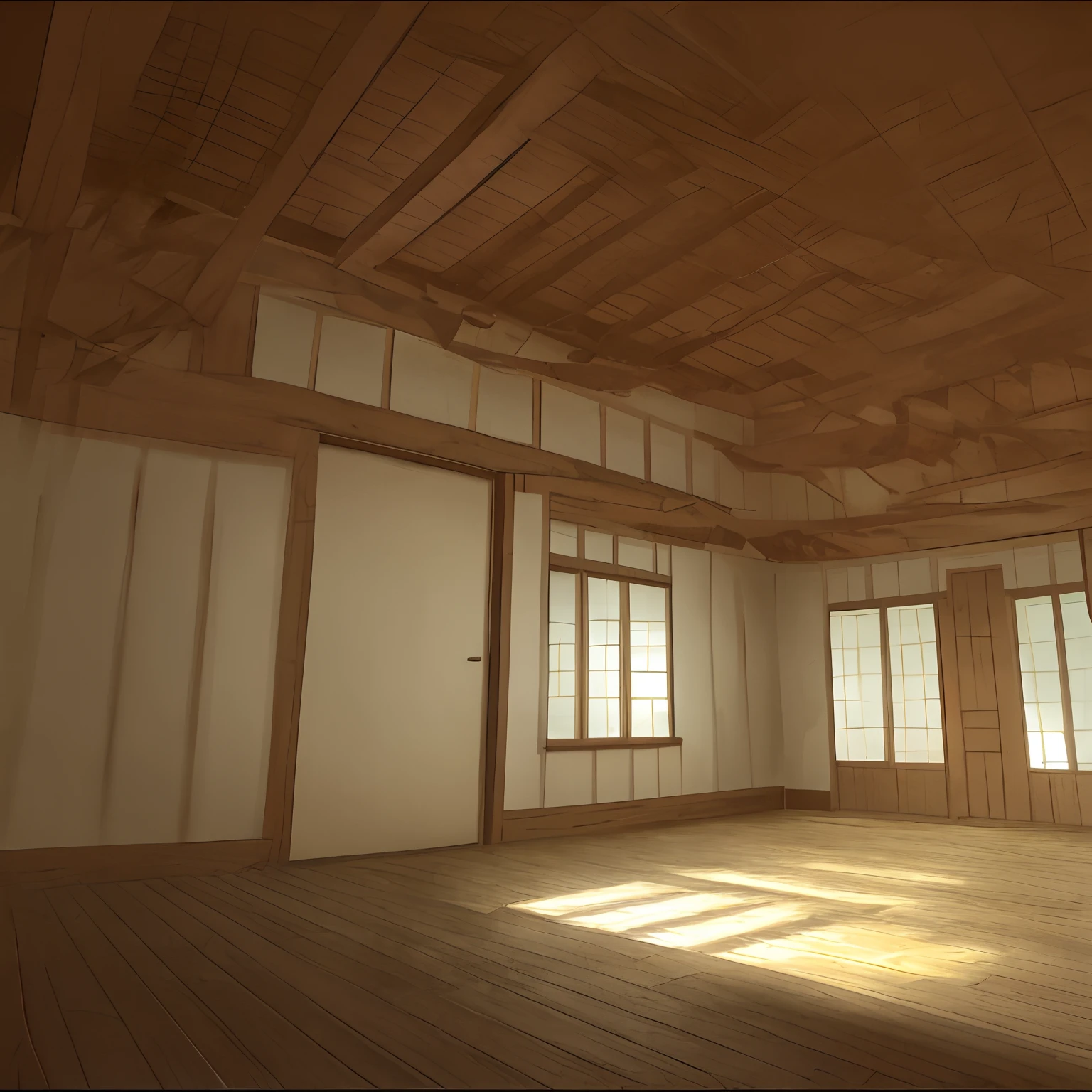 Inside a wooden house, an empty living room