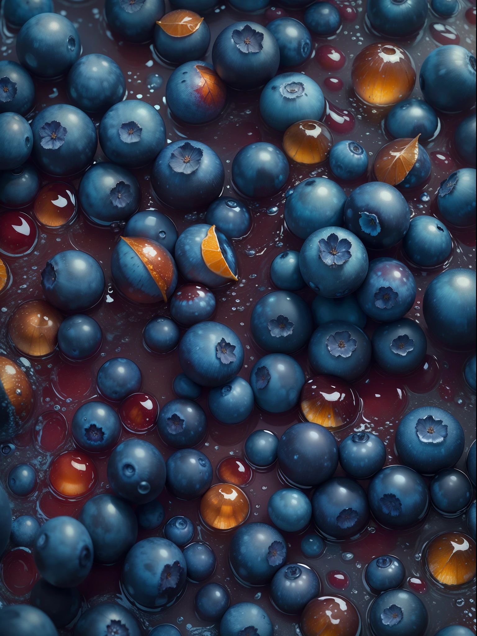 Realism, Photorealism, Photorealistic, Hyper Real, Hyperrealistic, Realistic, Full-HD, 1080p, 16k woman dressed in dress blueberries are covered with many drops of water, in the style of wet-on-wet blending, light navy and dark amber, George can, light navy and indigo, quiet potency