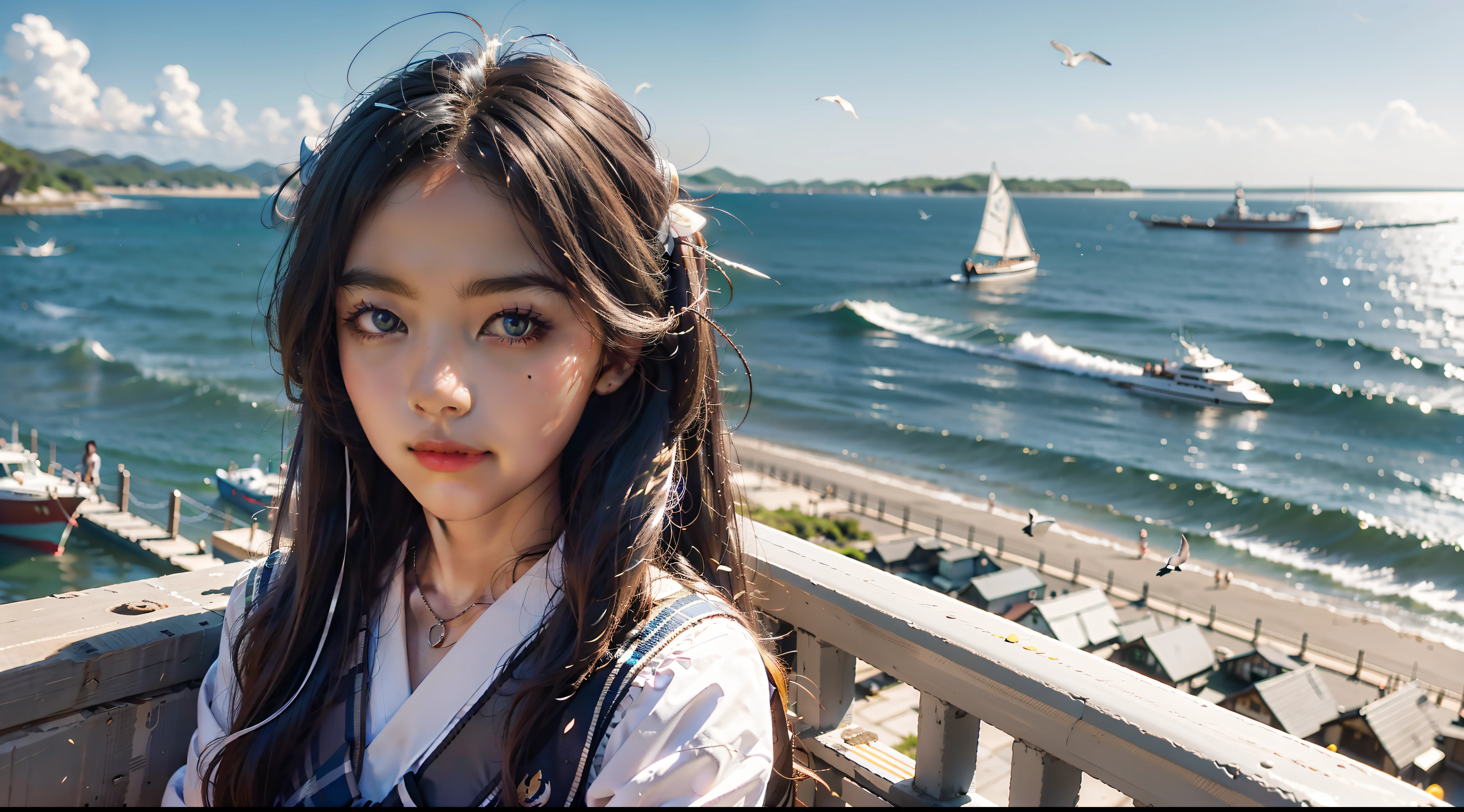 In a Japanese anime style，A girl sits on an embankment by the sea，Wear a student uniform，Long hair flutters in the wind，There are boats and seagulls in the distance，Blue sea