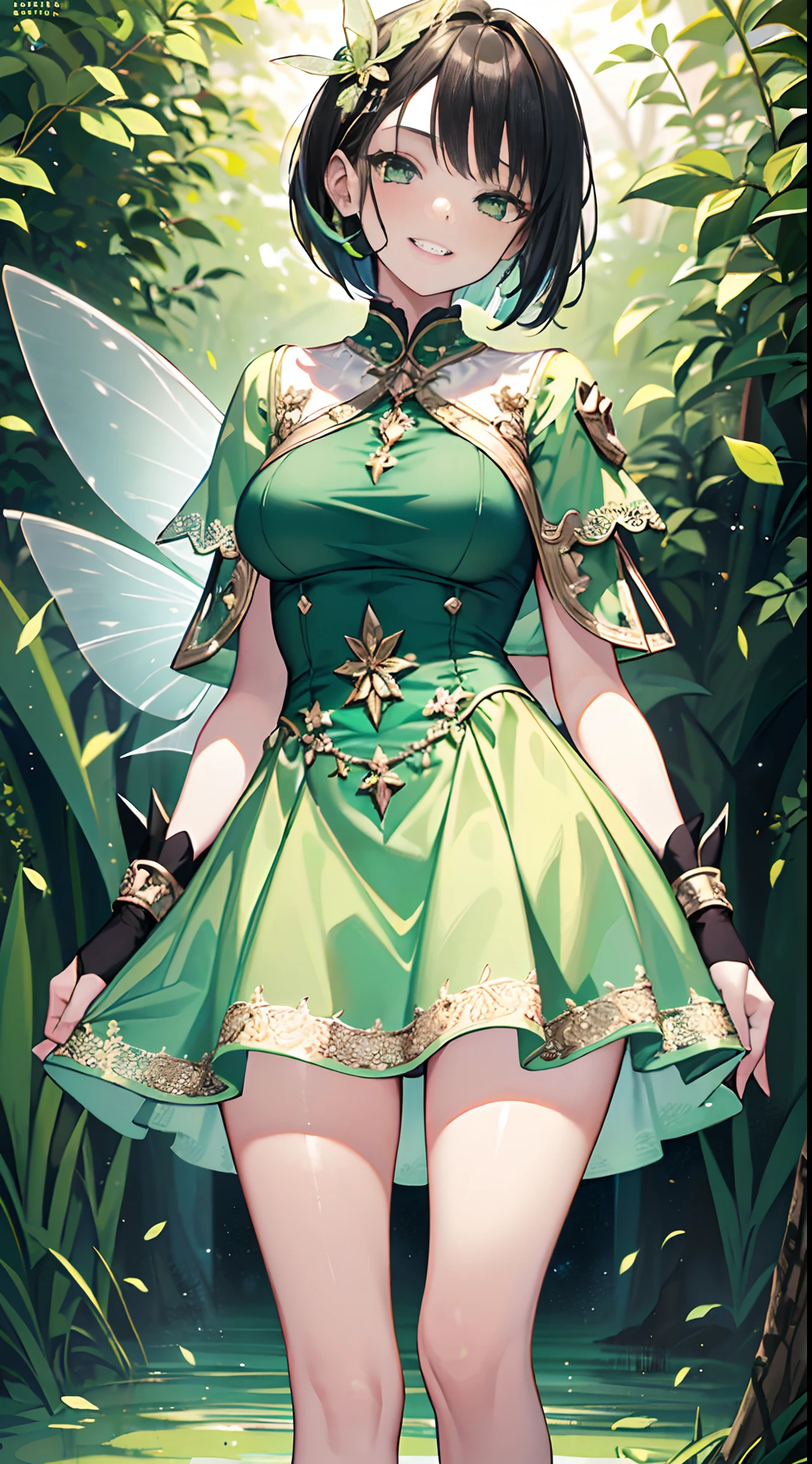((Best Quality)) ((Masterpiece)) 1girl, 19 year old, black hair, pixie bob haircut, flirty smirk ((( light green fairy dress ))) (((mini skirt))) ((( upskirt )))  ((slender)) (busty) ((sexy dress))  6 and a half heads full body
