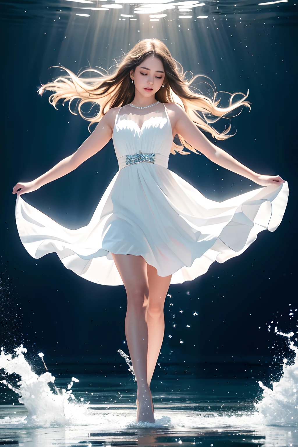 Woman in white dress standing in sea water with flowing dress, pale skinned, deusa, lua cheia, de colar de diamante, Pearls in water, a noite, starly sky, sky with galaxy, ..lua, Como uma deusa, walking on water, mulher iluminada, blue water, wearing a white flowing dress, white flowing dress, she is floating in the air, flowing white robes, tiptoeing, Flowing dress, lindo vestido branco longo longo, Wearing a flowing dress, flutuando no ar, vestido branco longo, Pose flutuante elegante, cabelo flutuando ao vento, Girl in white dress dancing, mistic, Magic, realista, chocante, Escuro, Dramatic, espiritual, mystery, deusa