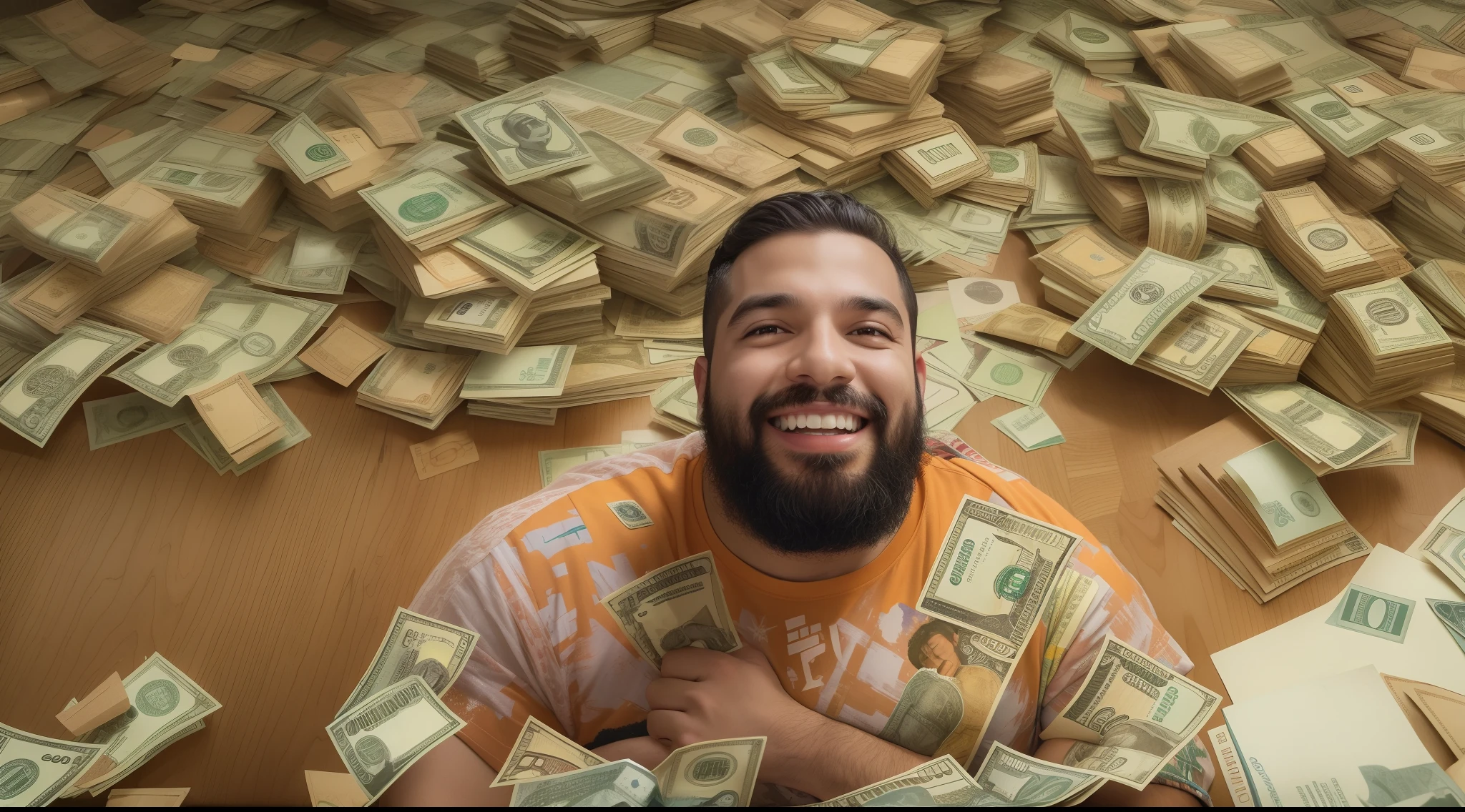 Foto extremamente detalhada realista de um lindo e jovem homem de 36 anos brasileiro gordinho barbudo sorridente em um lindo terno, surrounded by a flood of dollar bills, carros de luxo, notas de real, joias caras, epic composition, 4k, 8k