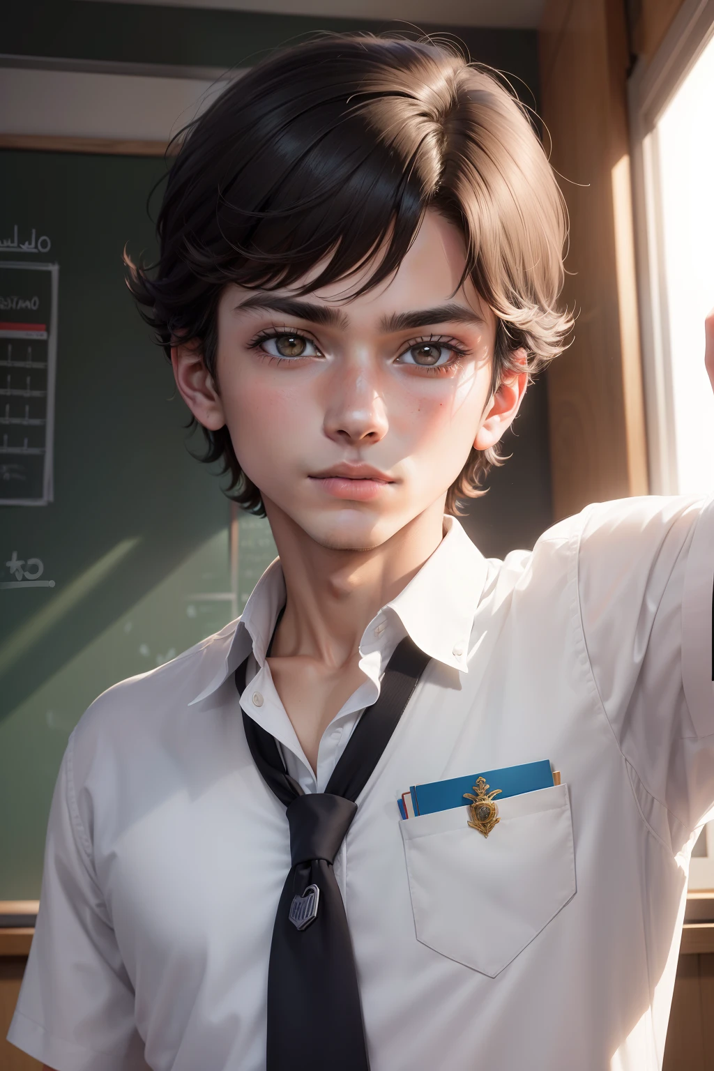 (Arte digital premiada: 1.3) de (Sketch: 1.3),(energetic:1.3), garoto adolescente na escola (Saturado:1.3),(Close portrait:1.3),(Masculino:1.4),(bonito:1.4 ), (atraente: 1.3), bonito, calendar pose, olhos perfeitamente detalhados, studio illumination, classroom thematic background
