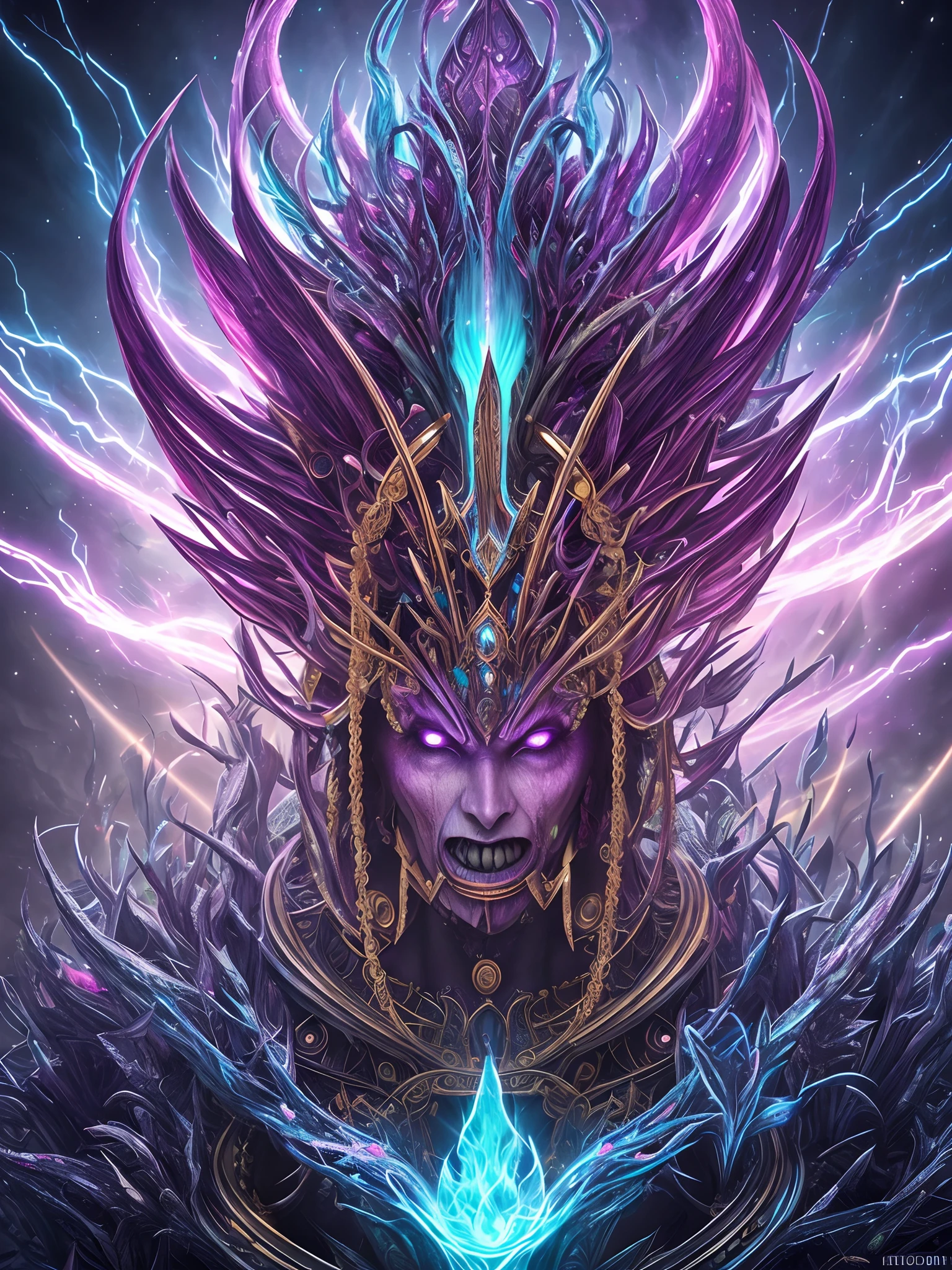 a big bizarre humanoid queen monster withi mystic powers of old spiritual kingdom, full vibrant color cosmic horror psy art, ultra realistic magic realism, 8k 3d, octane render, realstic eyes