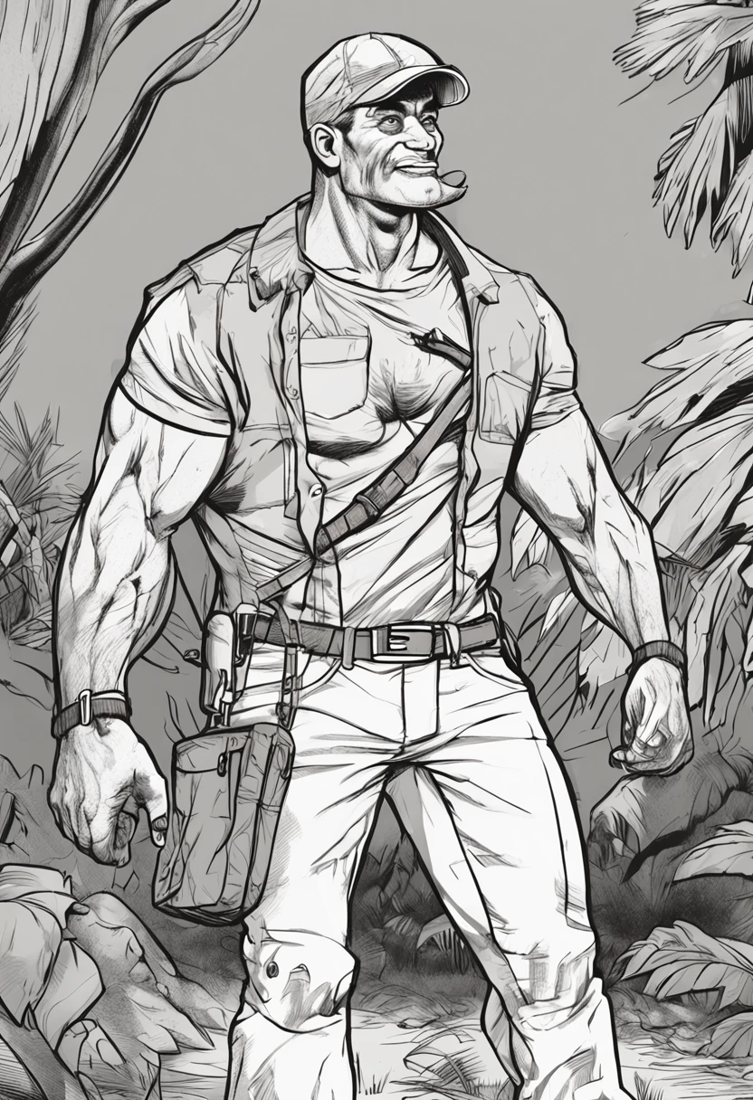 Male, solo, anthro, bear, grey body, jungle, (tight beige pants), detailed lighting, (red hat), vest, grey chest tuft, slightly chubby, (detailed bulge), offended, blushing, (detailed genital outline), tenting, (detailed penis outline), (outstretched (pants)), snout, long snout, teeth, red eyes, mature male, father figure, dilf, daddy, fangs, massice biceps, wide waist, broad shoulders, strong thighs, white teeth, black, large hands, detailed hands, well drawn hands, bulge, detailed crotch, bulge outline, night, dramatic lighting, standing, (erection under clothing)