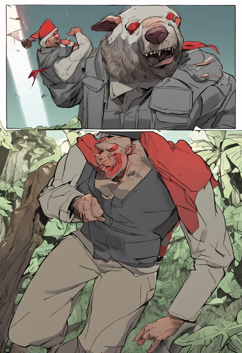 Male, solo, anthro, bear, grey body, jungle, (tight beige pants), detailed lighting, (red hat), vest, grey chest tuft, slightly chubby, (detailed bulge), offended, blushing, (detailed genital outline), tenting, (detailed penis outline), (outstretched (pants)), snout, long snout, teeth, red eyes, mature male, father figure, dilf, daddy, fangs, massice biceps, wide waist, broad shoulders, strong thighs, white teeth, black, large hands, detailed hands, well drawn hands, bulge, detailed crotch, bulge outline, night, dramatic lighting, standing, (erection under clothing)