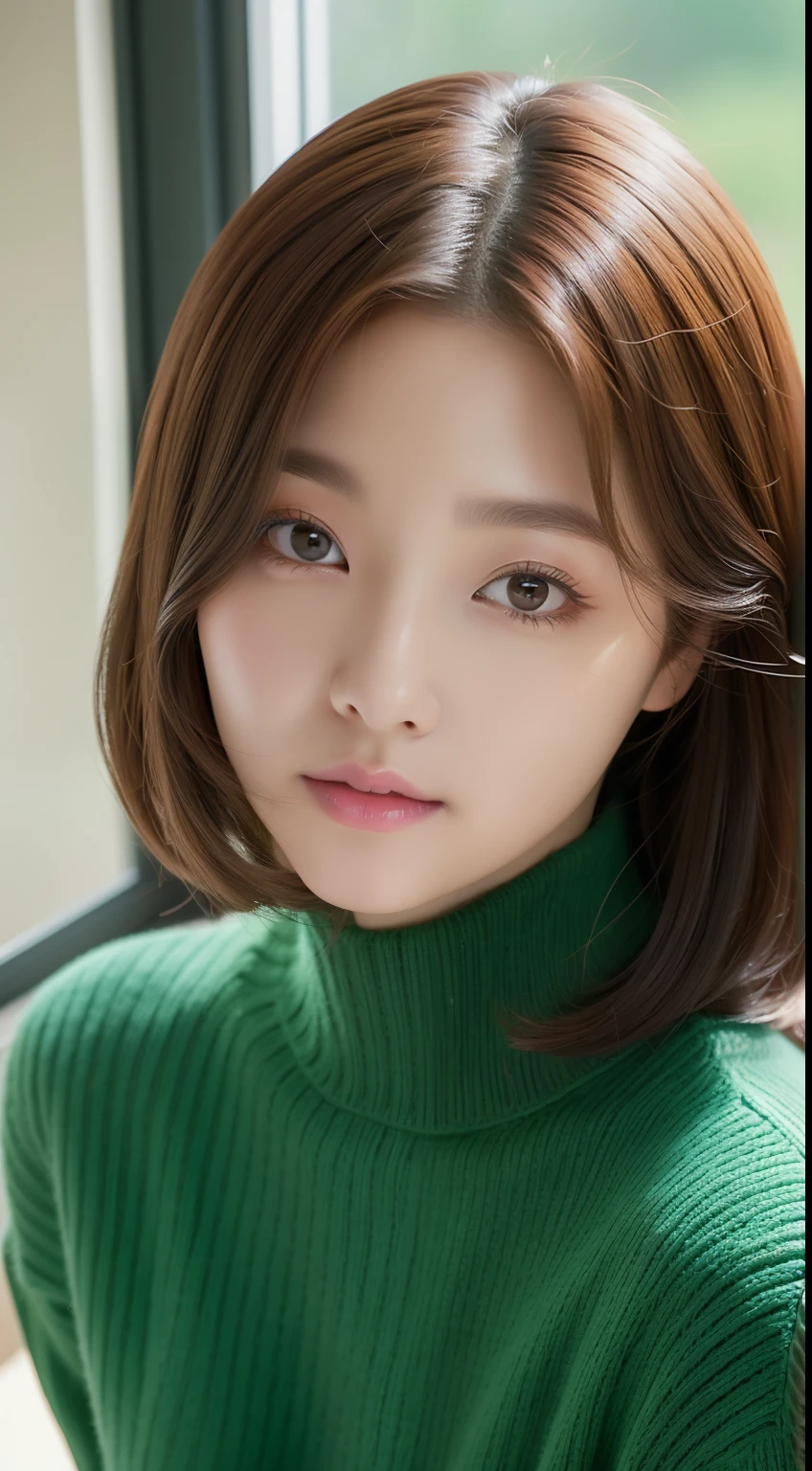 realistic photos of 1 cute Korean star, hair over one eye, white skin, thin makeup, 32 inch breasts size, wearing green turtle neck sweater, sitting near the window, close-up, verism, UHD