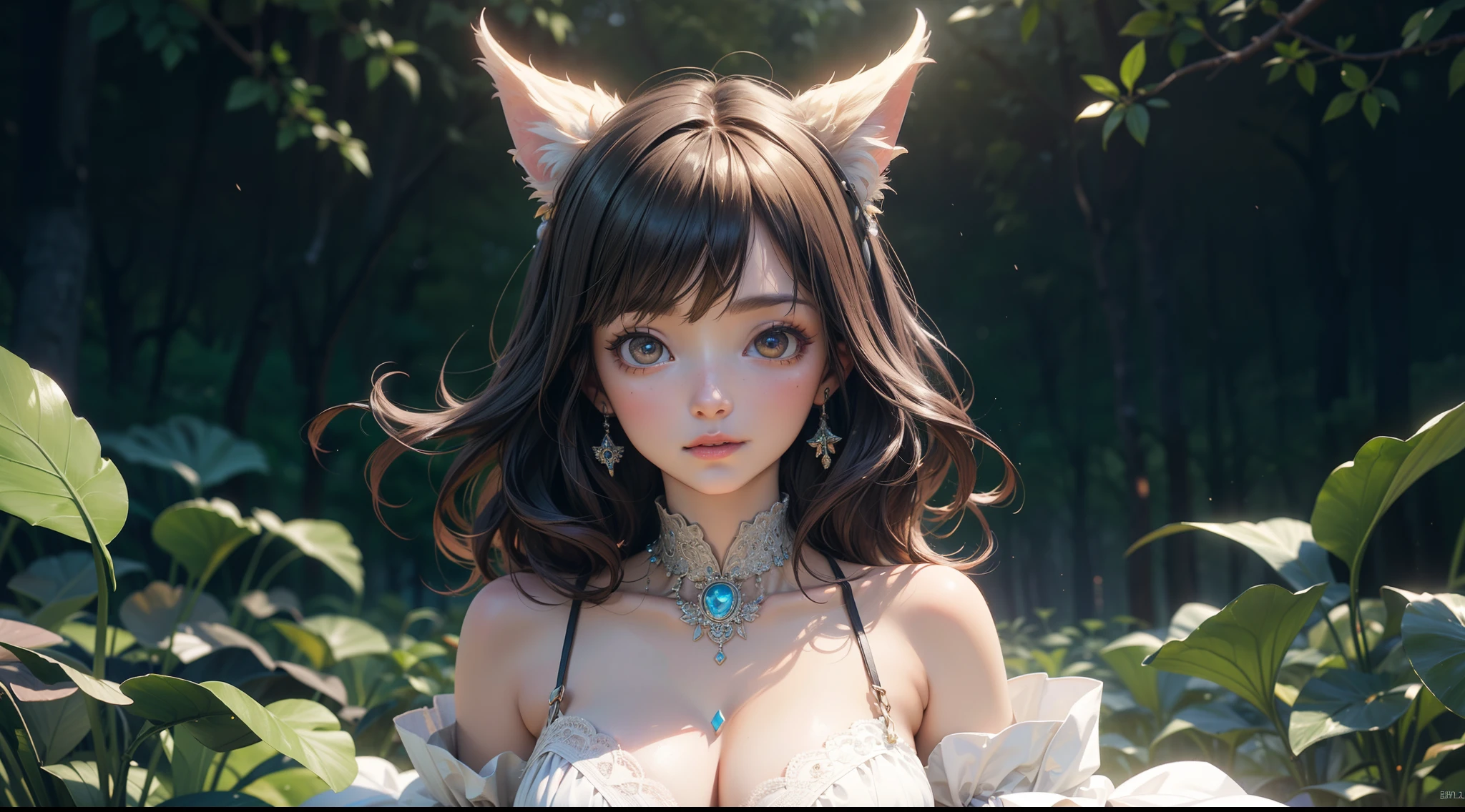 village field peasant woman, 24-year-old female, (face detail), magic lights, magic necklace, dress, neckline, (lacy), [[((forest)):((field)):0.25]:((village)):0.6], train on background, magic technologies, futurism, fantasy, magic, silk, 1girl, masterpiece, best quality, decollete, natural breasts, slim body, zettai ryouiki, medium length hair, (beautiful detailed bright eyes), portrait, (full body), (beautiful and aesthetic:1.2, fractal art:1.4), most realistic, hyper-realistic, RAW, highest quality, best quality, Detailed, Realistic, 4k highly detailed digital art, octane render, bioluminescent, (cool_color), best pixels, 8k ultra, extremely detailed CG unity 8k wallpaper, cinematic lighting