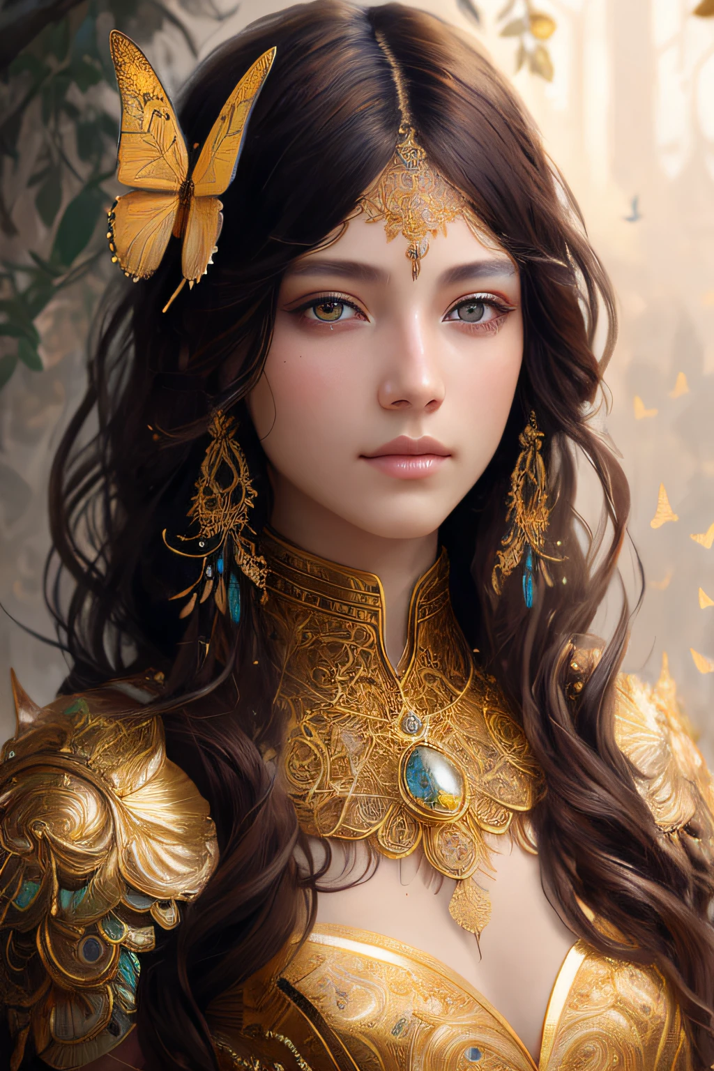 8k portrait of beautiful cyborg with brown hair, intricate, elegant, highly detailed, majestic, digital photography, art by artgerm and ruan jia and greg rutkowski surreal painting gold butterfly filigree, broken glass, (masterpiece, sidelighting, finely detailed beautiful eyes: 1.2), hdr