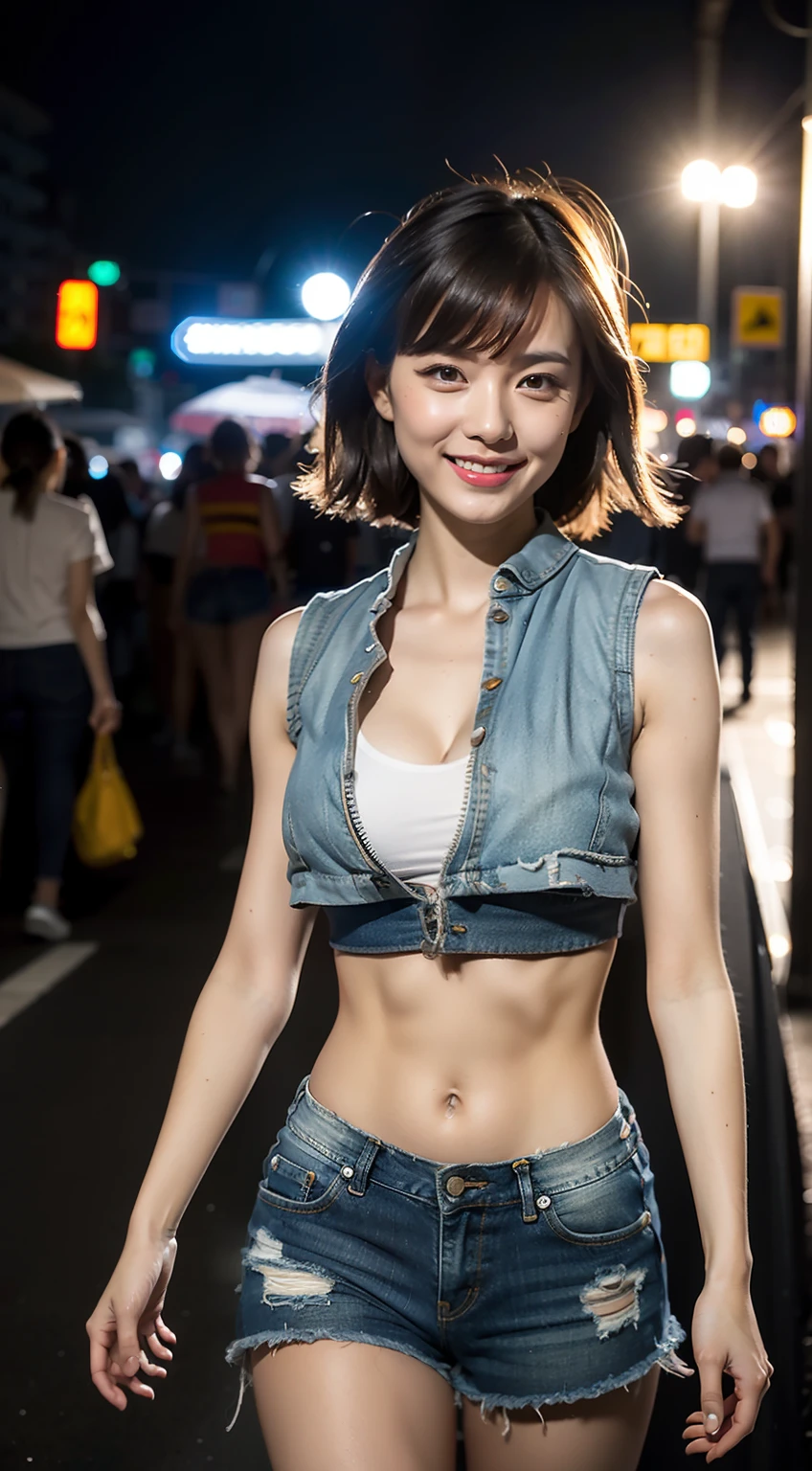 （8K分辨率，Photo above the thigh，Sideways photo of walking），（1womanl，20yr old，（（Face with wide bones，s delicate face，详细的脸）），（Coiled hair，Elongated bangs），（Redlip，A smile shows a tiger tooth），Fair smooth skin，（Best Skin Type：1.21），gigantic cleavage breasts，（Gray sleeveless T-shirt，（Ultra-short to expose the navel），Tight denim shorts，（（Vest line）），（Attractive thigh texture），bangle，busty figure，（The model does not look at the camera，Look ahead，Open legs，Walking on the road），perfect hand，Ultra-fine clothing material），（City night background，Deep view，Exquisite environmental details），（Professional lighting，动态照明），（（The color is uniform，（white colors，brown pubic fur，black in color，red colour））），（Golden section，Cinema lenses，Thin lens stretching effect，Hasselblad photograp，tmasterpiece：1.3），（The object of fantasy，fashion art，trendsetting，Artis，Art platform）