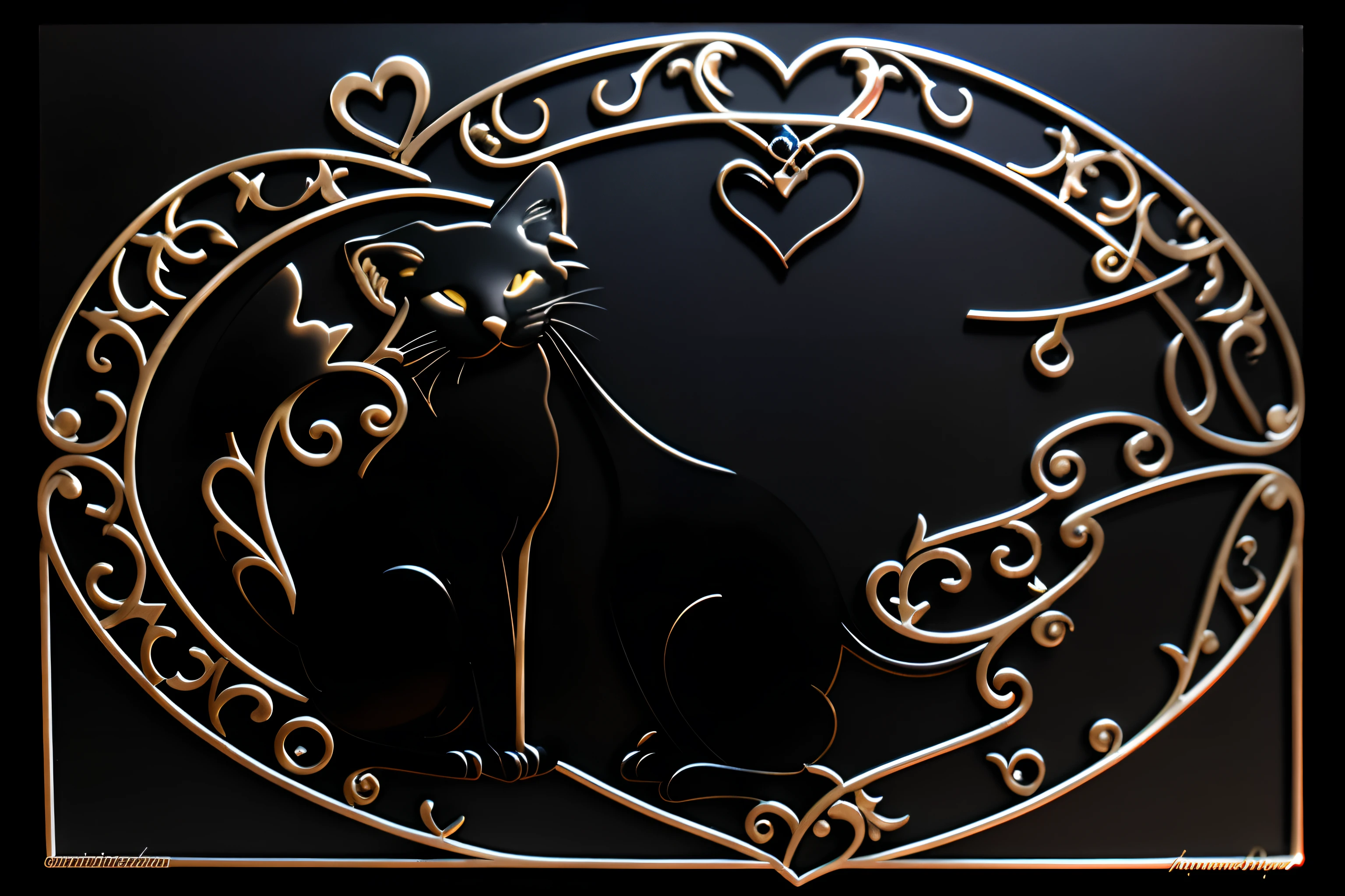 There is a black cat sitting on a decorative metal frame, moldura em filigrana, entwined hearts and spades, metal border, Backround preto. Inkscape, borda preta, borda de contorno branco, fronteira em filigrana, gothic harts, moldura rosa preta. d&d, Painel de arte vetorial para plasma CNC, arte vetorial para plasma cnc, design preto, Escuro Backround
