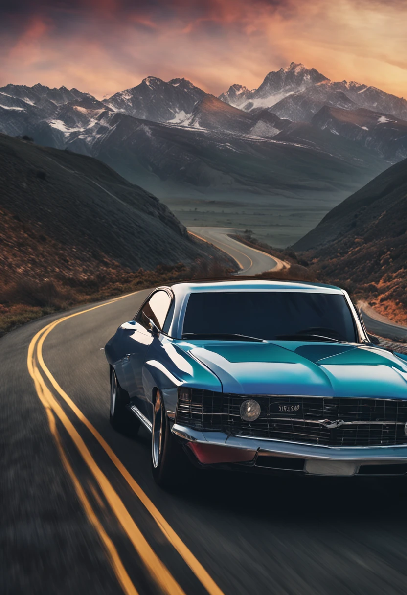 The sedan car drove on a road with a mountain as a background, vehicle photography, automotive photography, auto photography,Telephoto Low angle shooting, car commercial photograph, wide angle dynamic action shot, highly photographic render, trucks, Realistic photo , Beautiful photorealistic images, Photorealistic photography,Focus on the tires again