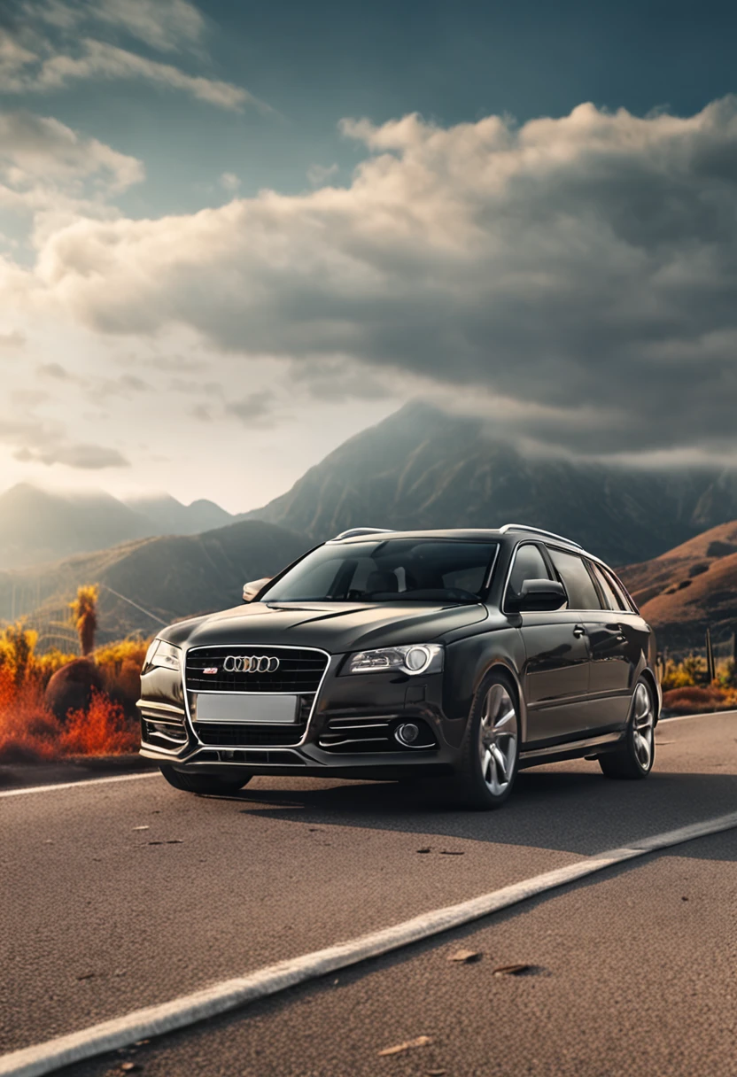 The sedan car drove on a road with a mountain as a background, vehicle photography, automotive photography, auto photography,Telephoto Low angle shooting, car commercial photograph, wide angle dynamic action shot, highly photographic render, trucks, Realistic photo , Beautiful photorealistic images, Photorealistic photography,Focus on the tires again