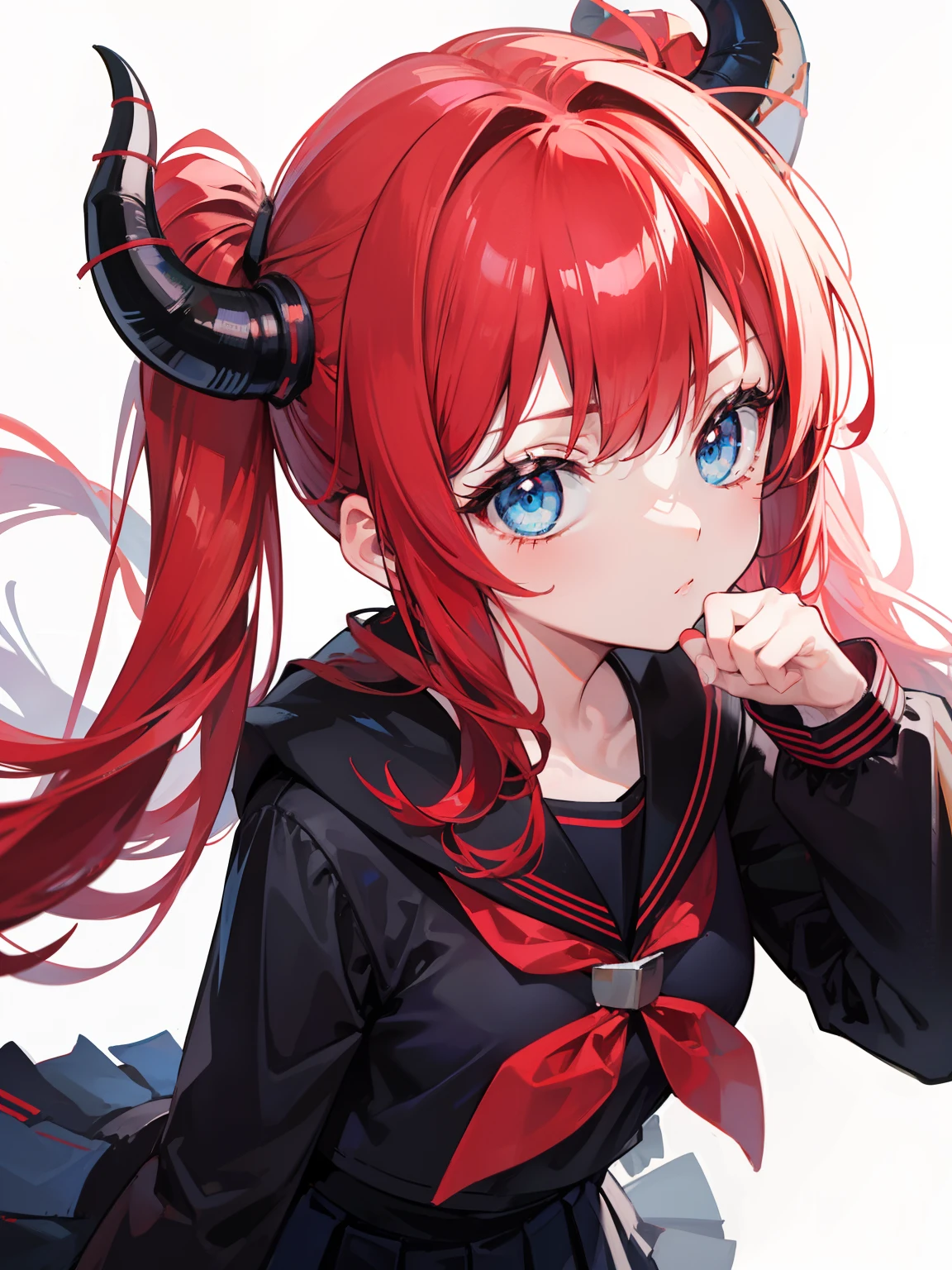 red hair, blue eyes, twintails, Sailor suit,black coat, Dragon horns,Pleated skirt,solo,li,cute,bow