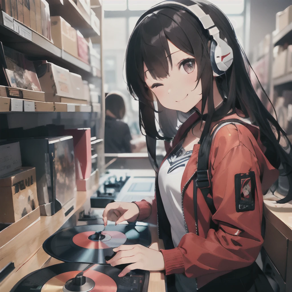 (1 girl、A dark-haired、straight haired、hair adornments、eye closed、A smile、small tits、cute face)、Red jacket、Black pants、full body Esbian、camera view、Turntables on both sides of the mixer console、masterpiece、top-quality、nffsw、Wearing headphones on your neck
