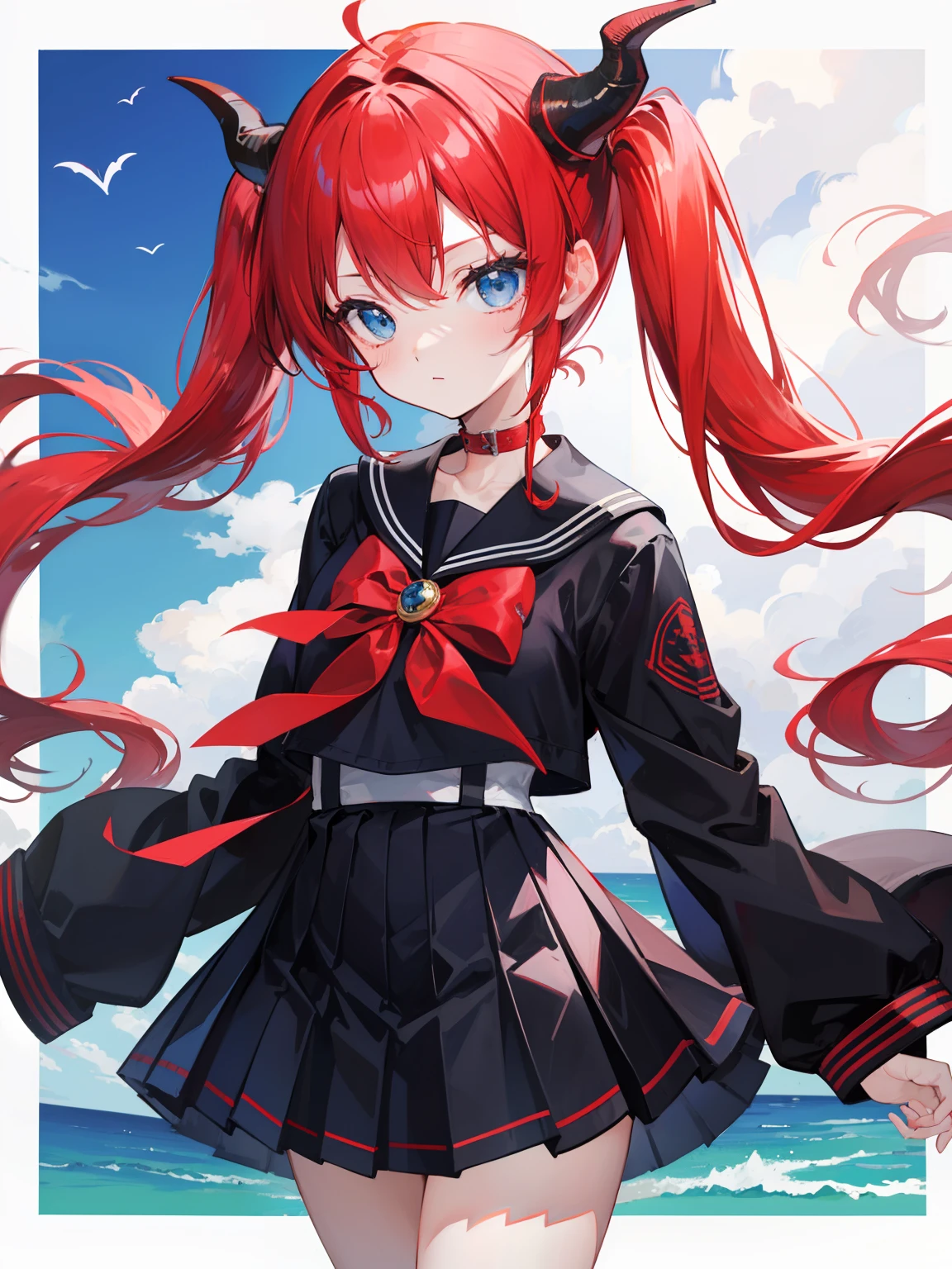 red hair, blue eyes, twintails, Sailor suit,black coat, Dragon horns,Pleated skirt,solo,li,cute,bow